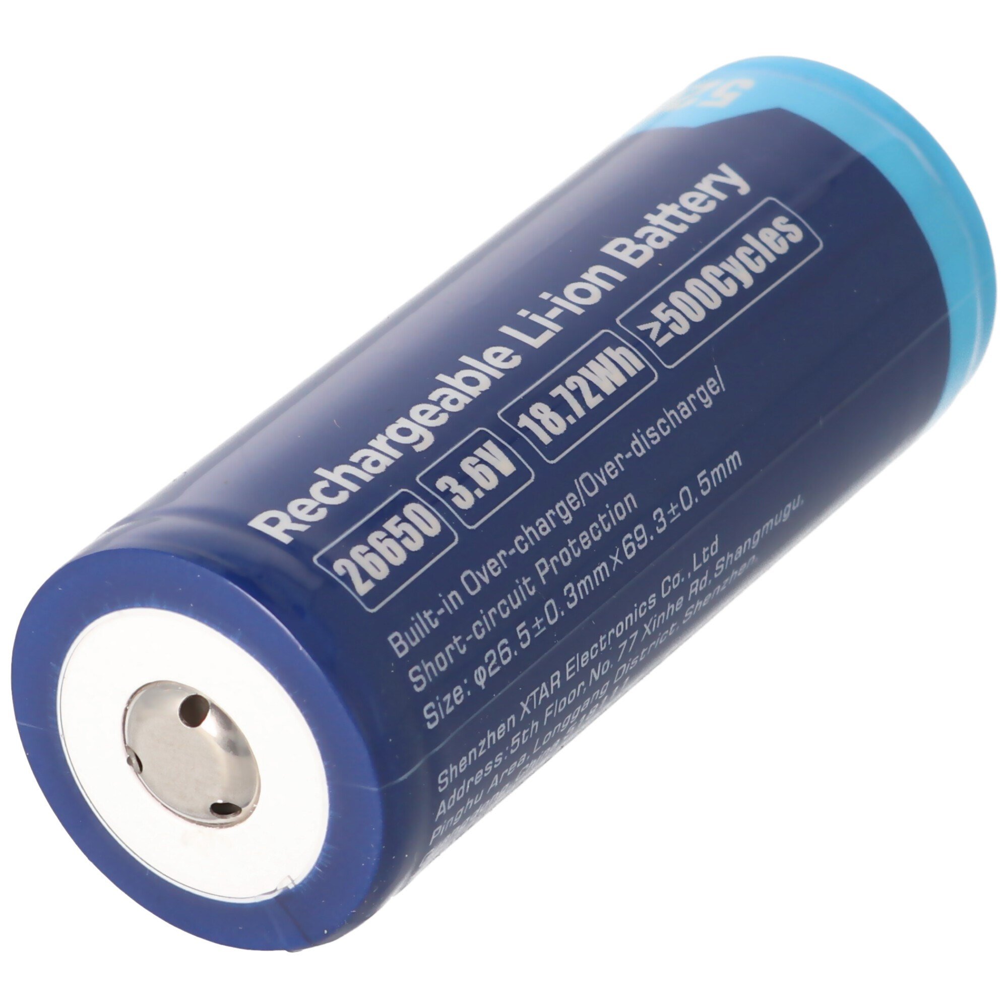 XTAR 26650 - 5200mAh, 3.6V - 3.7V Li-Ion pil, PCB korumalı, 26.5x68.2mm