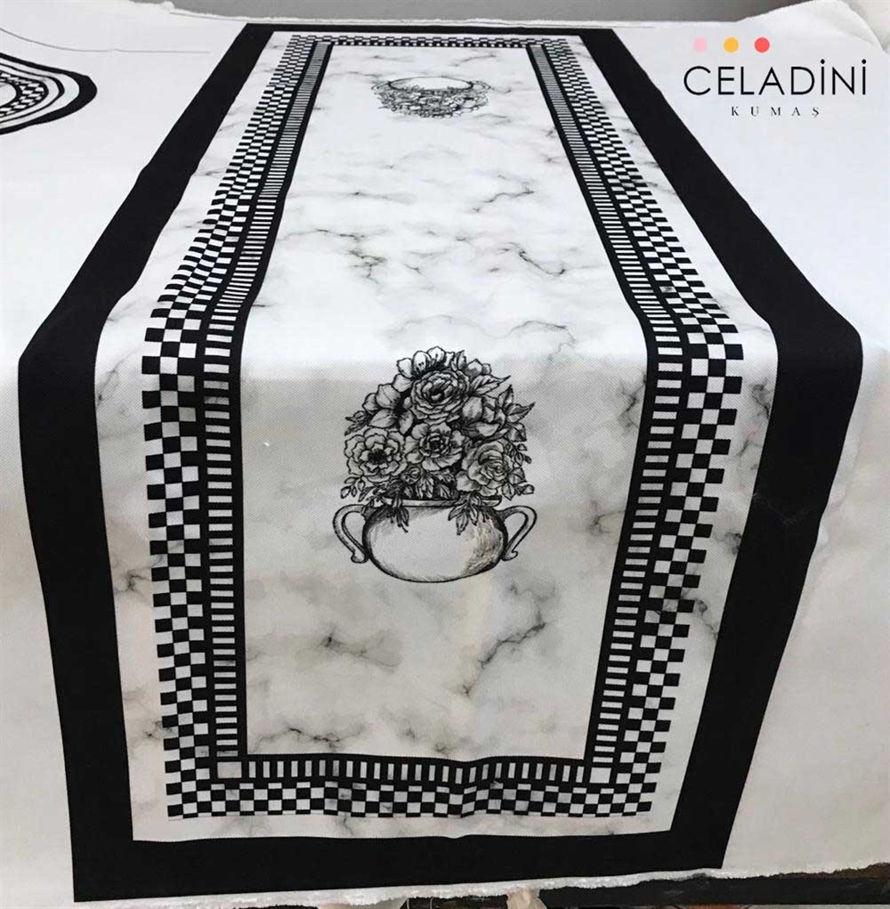 Mermer Efektli Vintage Vazo Desenli Runner Kumaşı