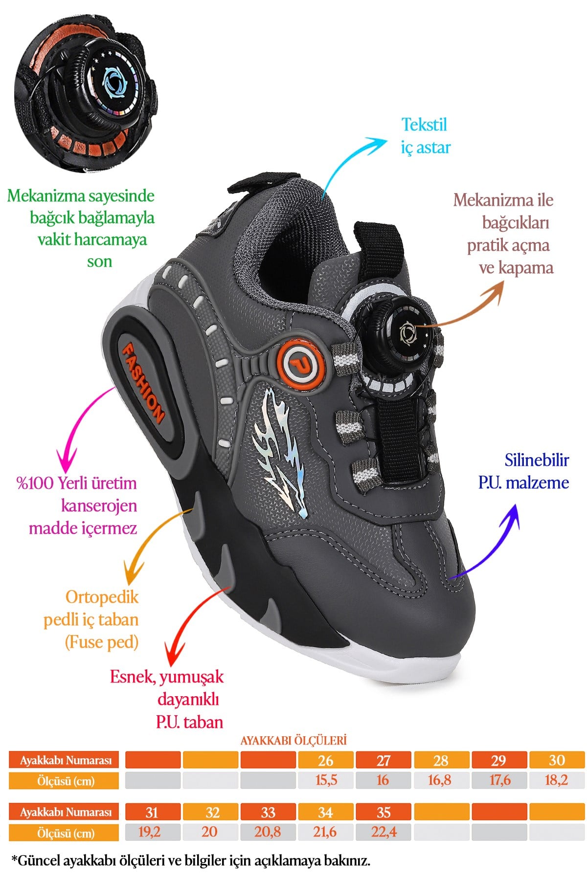  Dake Bağcık Mekanizmalı Erkek Çocuk Spor Ayakkabı Füme