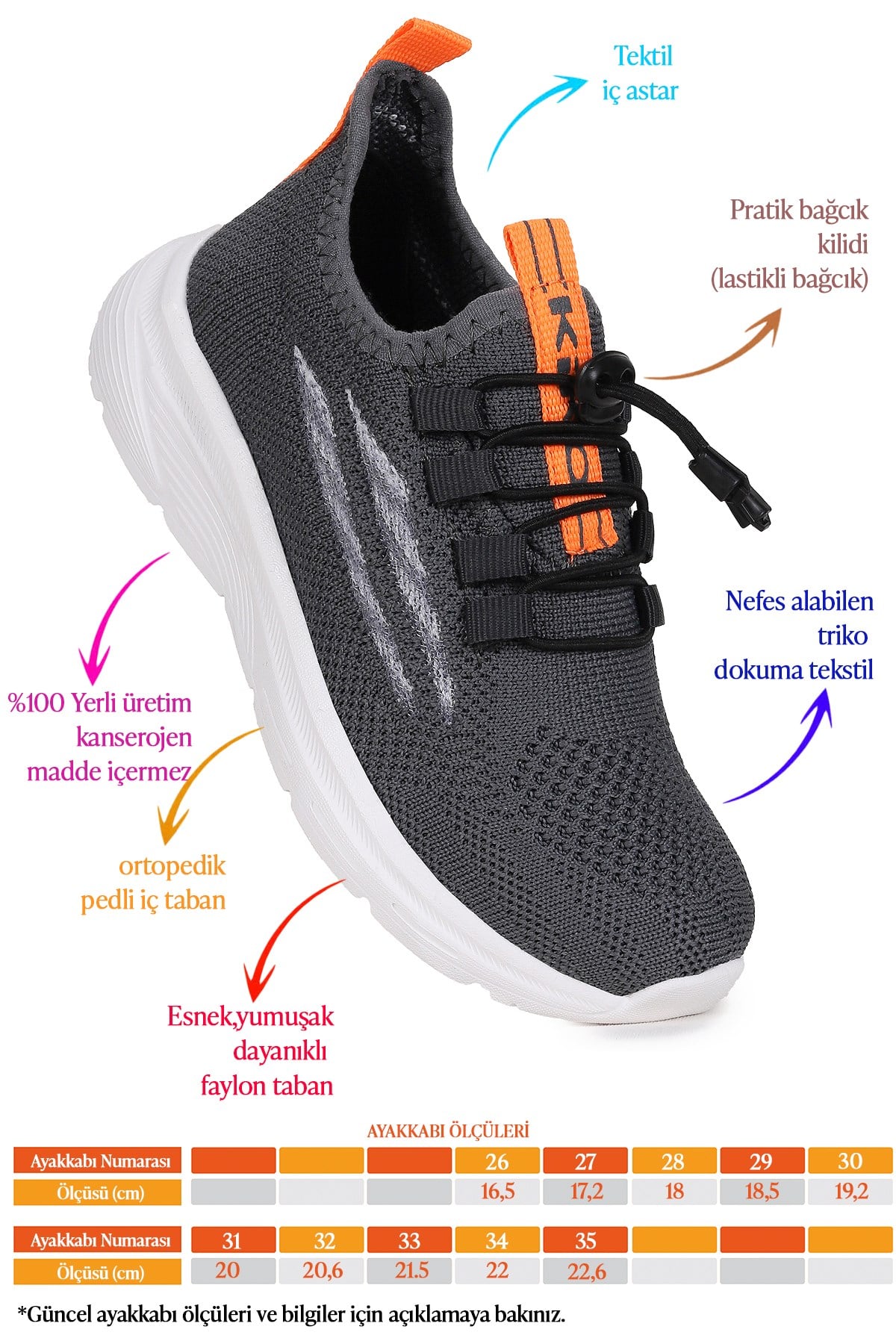 Dunca Fileli Faylon Taban Erkek Çocuk Spor Ayakkabı Füme - Turuncu