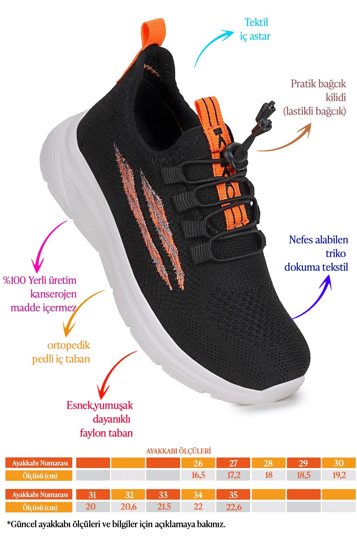 Dunca Fileli Faylon Taban Erkek Çocuk Spor Ayakkabı Siyah - Füme - Turuncu