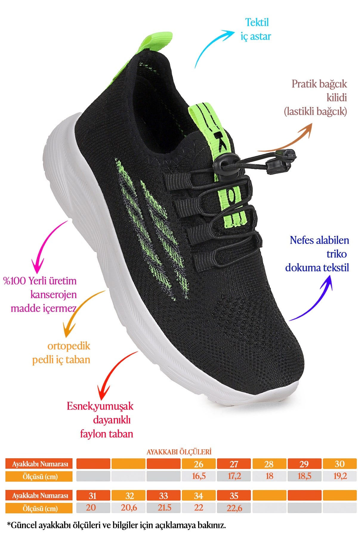 Dunca Fileli Faylon Taban Erkek Çocuk Spor Ayakkabı Siyah - Fosfor Sarı
