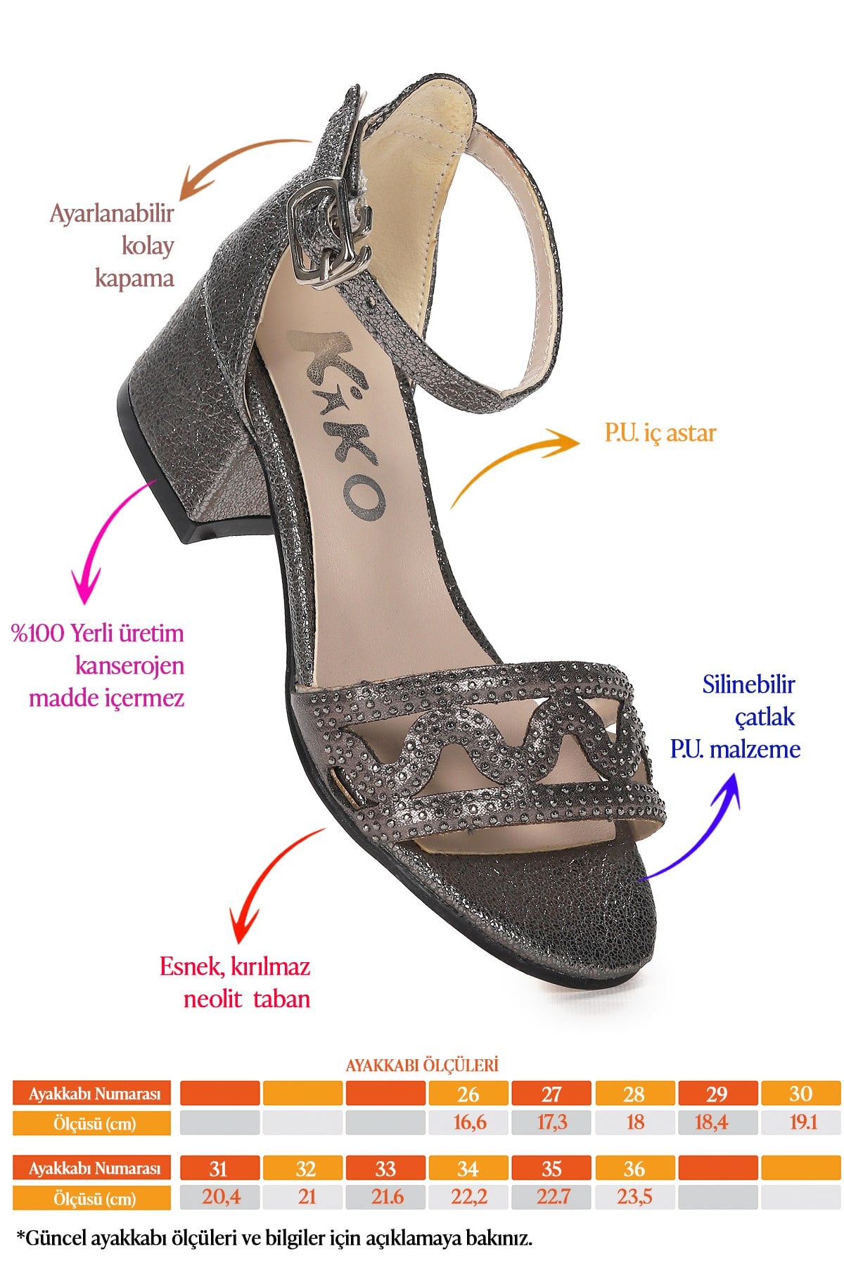 Else Çatlak Günlük Kız Çocuk 3 Cm Topuk Sandalet Ayakkabı Platin