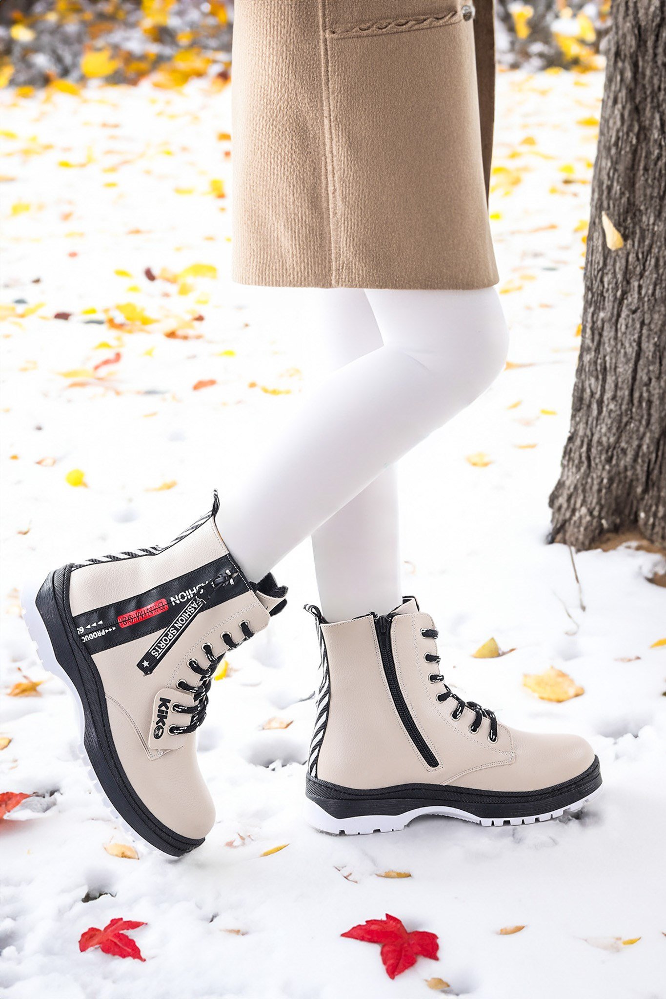 Fashion Cilt Fermuarlı Termo Taban Kız Çocuk Bot Ayakkabı Bej