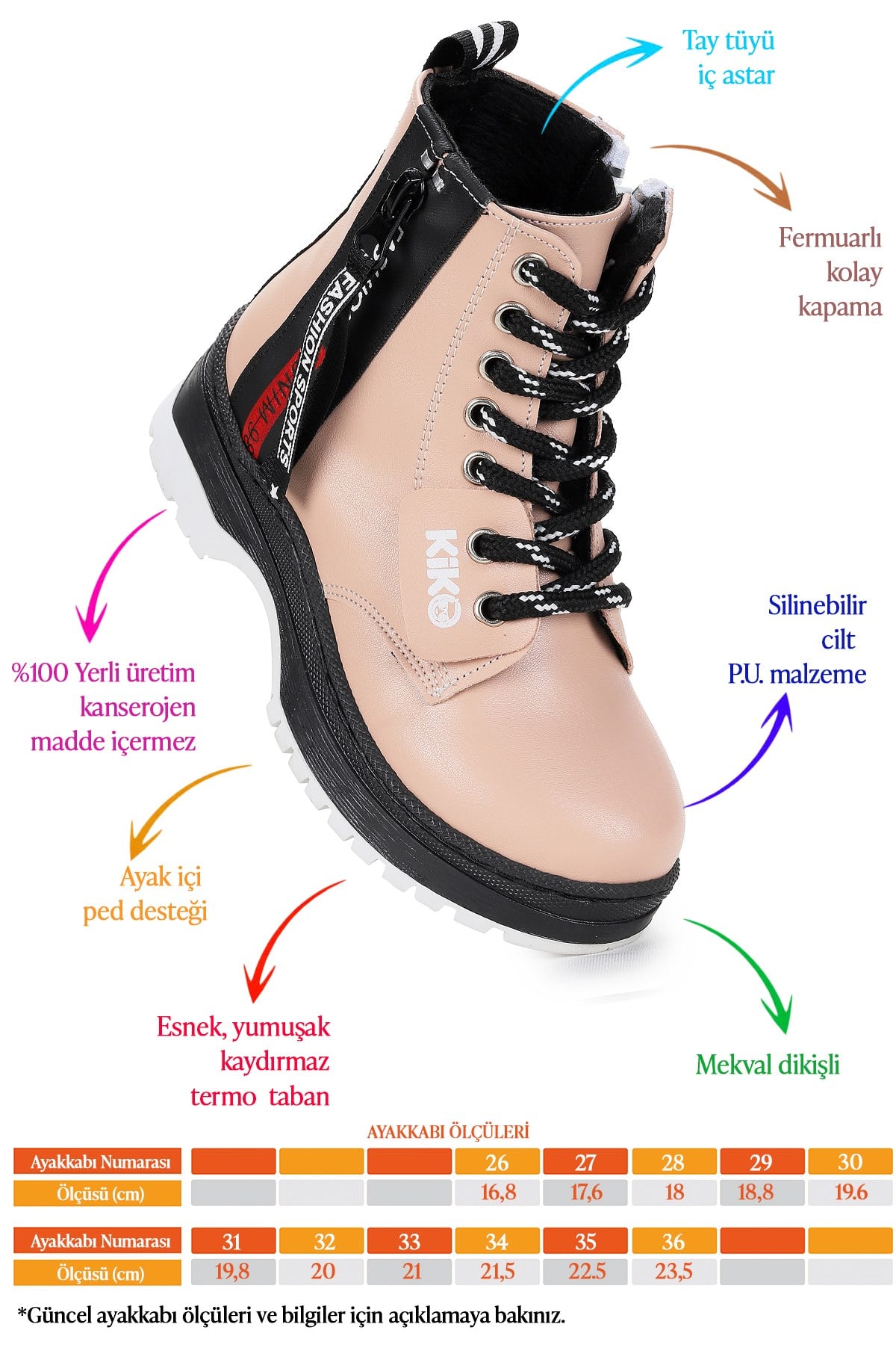 Fashion Cilt Fermuarlı Termo Taban Kız Çocuk Bot Ayakkabı Pudra