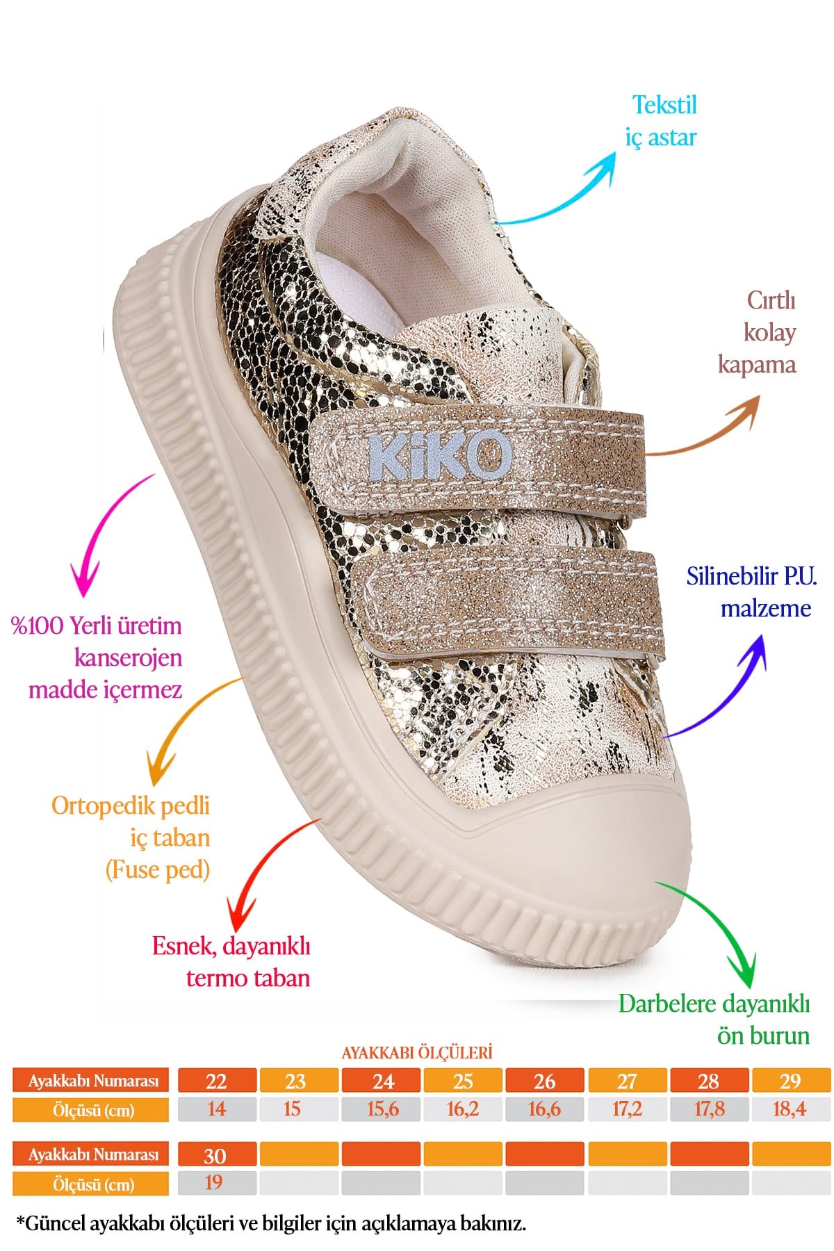 Glitter Cırtlı Kız Çocuk Günlük Ayakkabı Altın