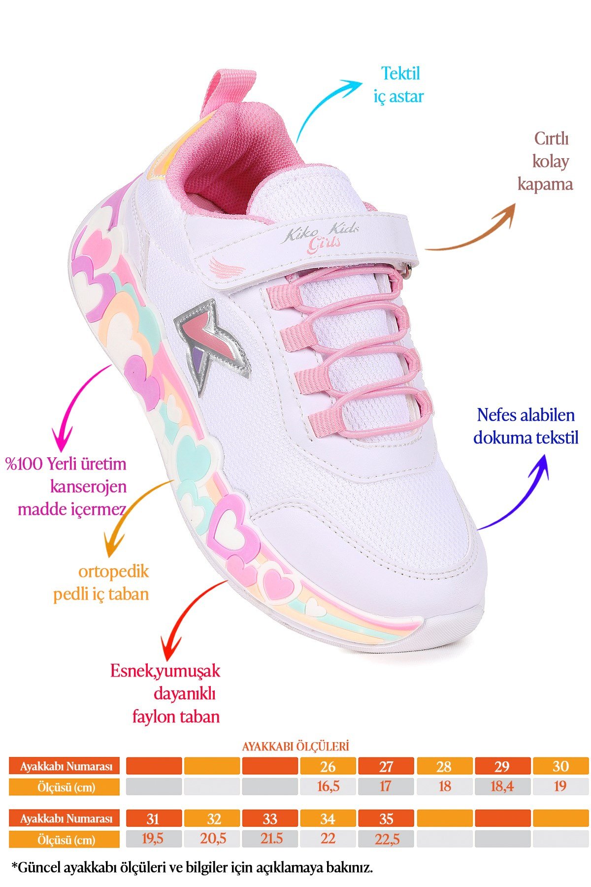 Heart Günlük Cırtlı Kız Çocuk Spor Ayakkabı Beyaz - Pembe
