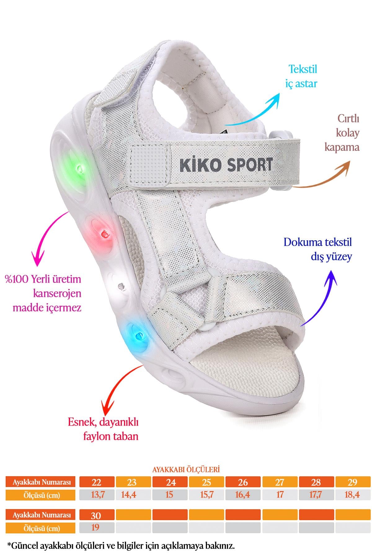 Kivu Hologram Işıklı Günlük Kız Çocuk Cırtlı Sandalet Ayakkabı Beyaz