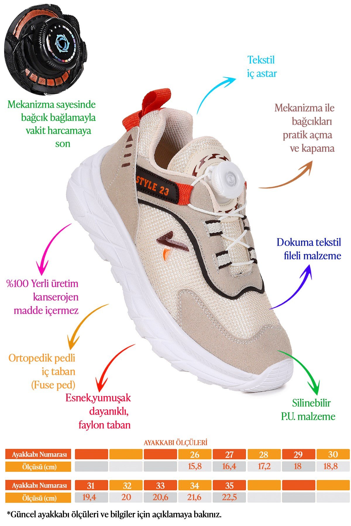 Lace Bağcık Mekanizmalı Erkek Çocuk Spor Ayakkabı Bej - Kahve