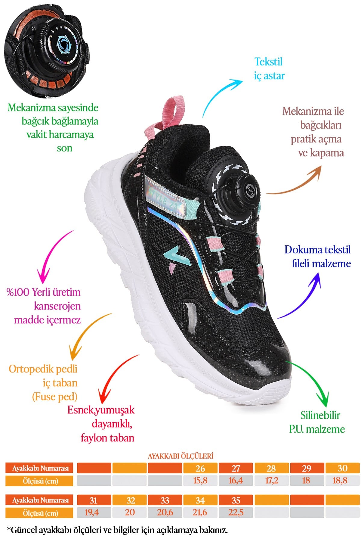 Lace Bağcık Mekanizmalı Kız Çocuk Spor Ayakkabı Siyah - Su Yeşili