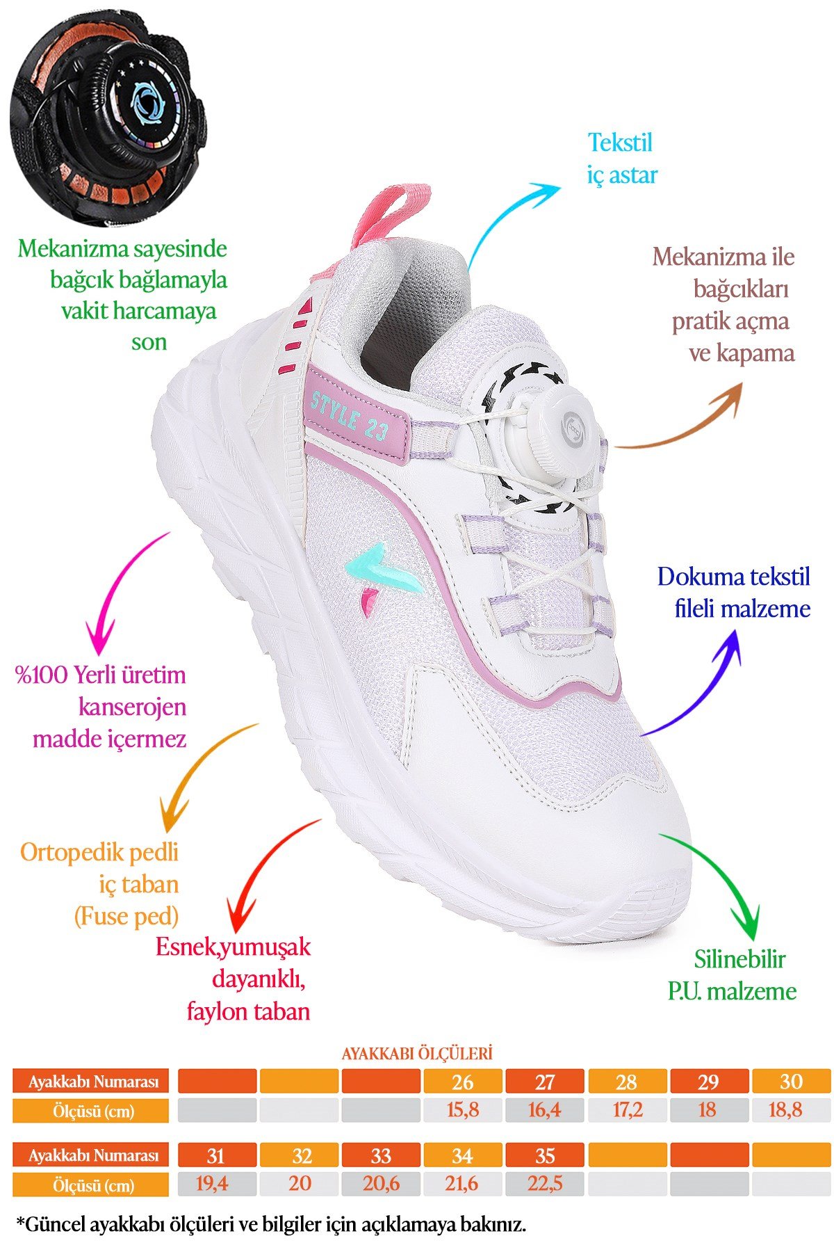 Lace Bağcık Mekanizmalı Kız Çocuk Spor Ayakkabı Beyaz - Lila