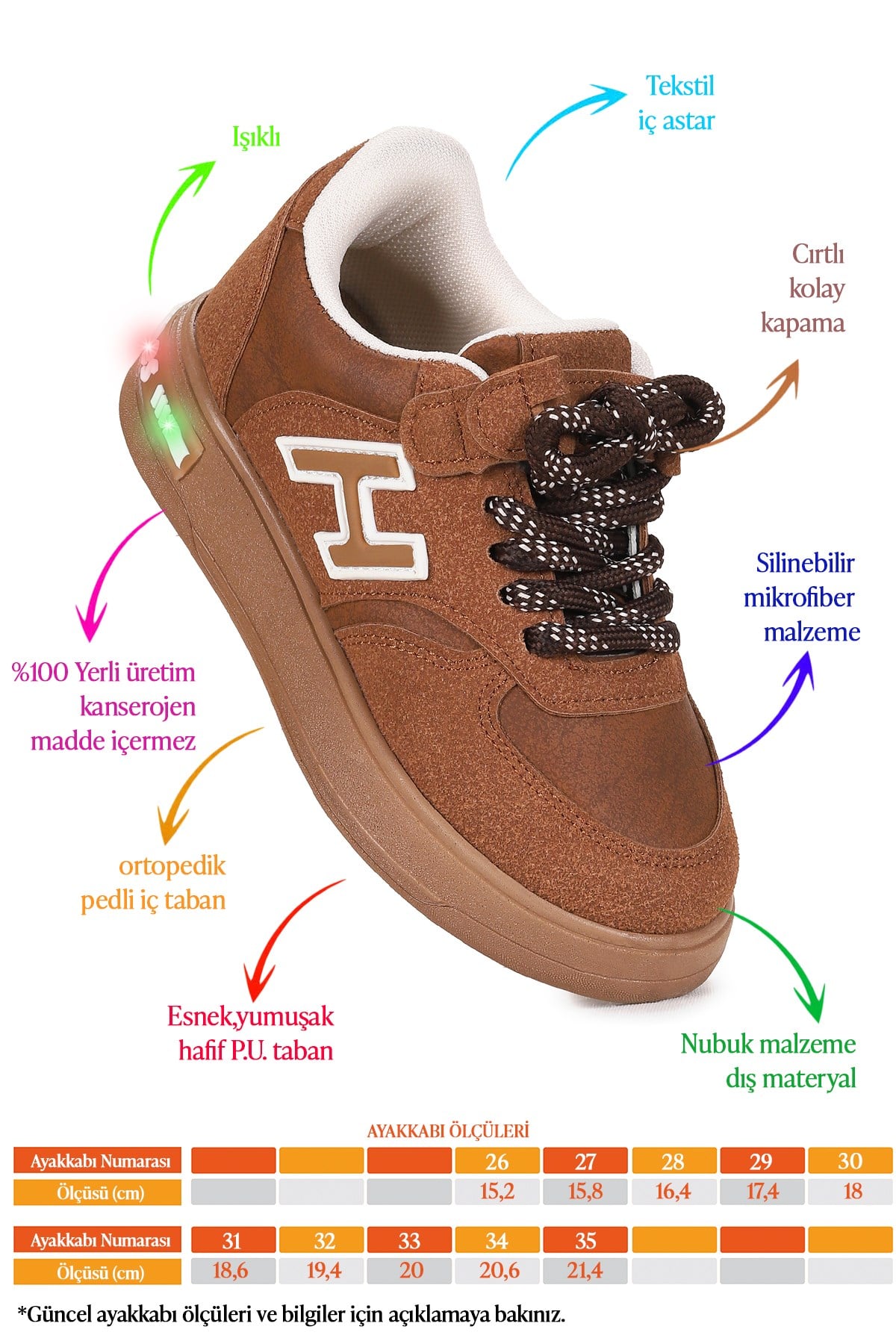 Lacer Bağcıklı Işıklı Erkek Çocuk Spor Ayakkabı Taba