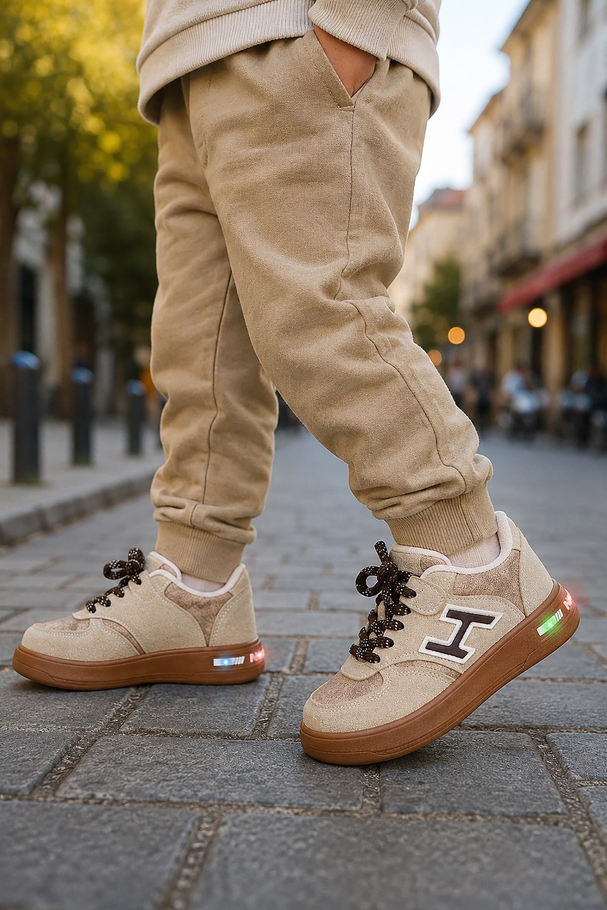 Lacer Bağcıklı Işıklı Erkek Çocuk Spor Ayakkabı Bej