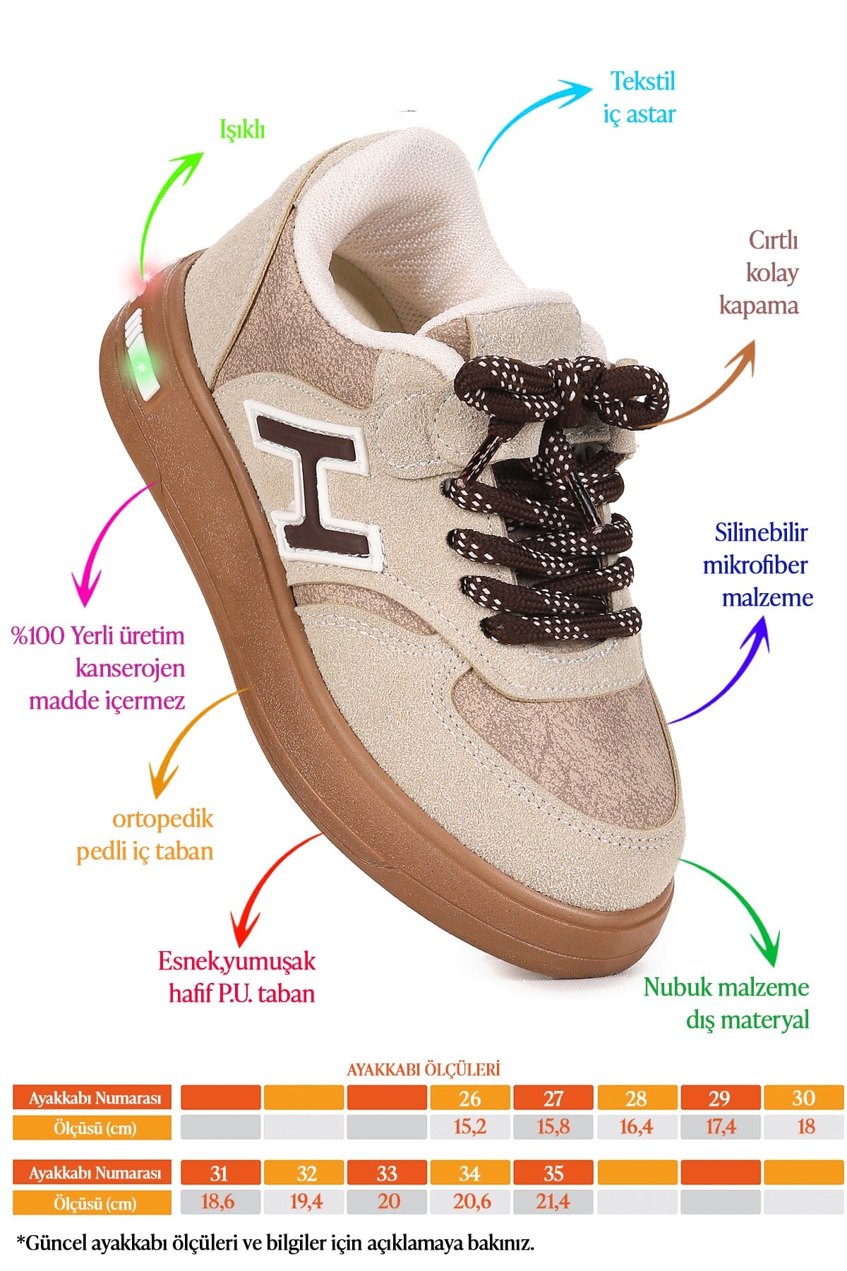 Lacer Bağcıklı Işıklı Erkek Çocuk Spor Ayakkabı Bej
