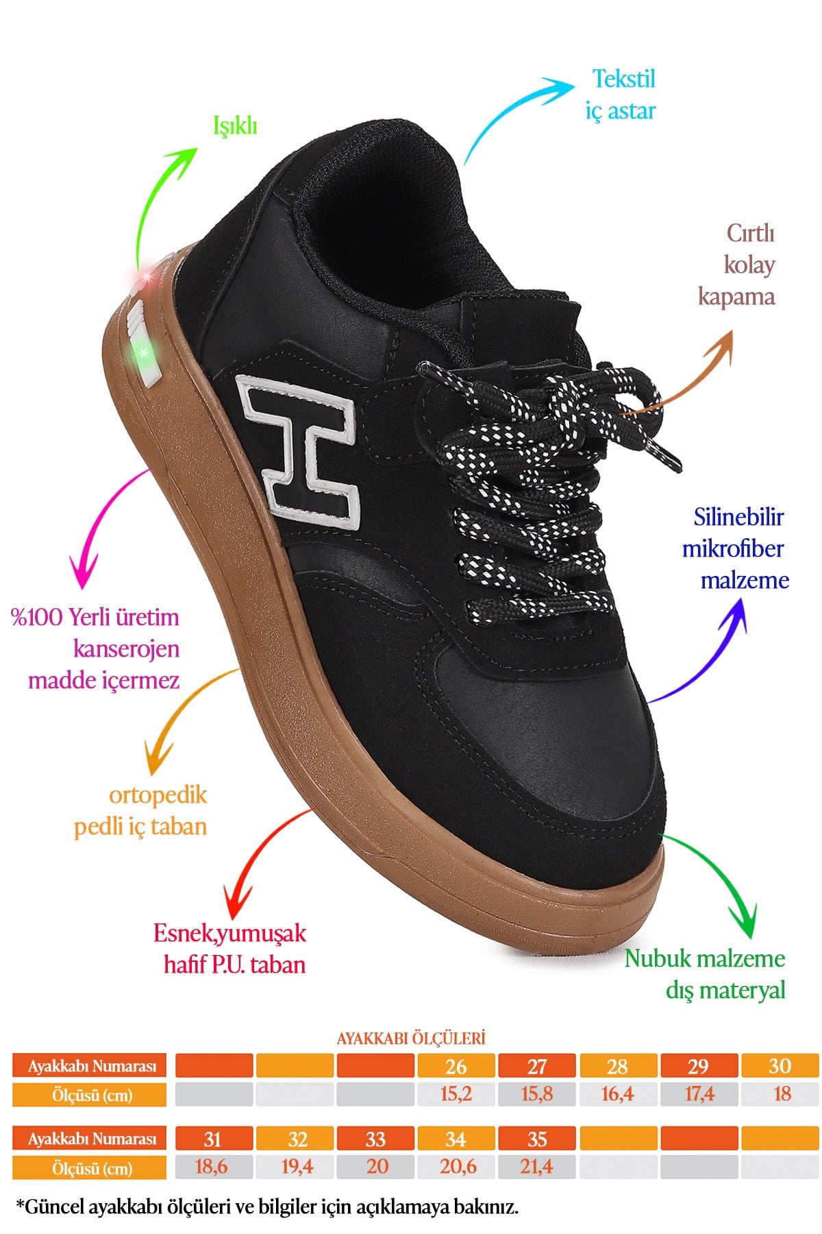 Lacer Bağcıklı Işıklı Erkek Çocuk Spor Ayakkabı Siyah