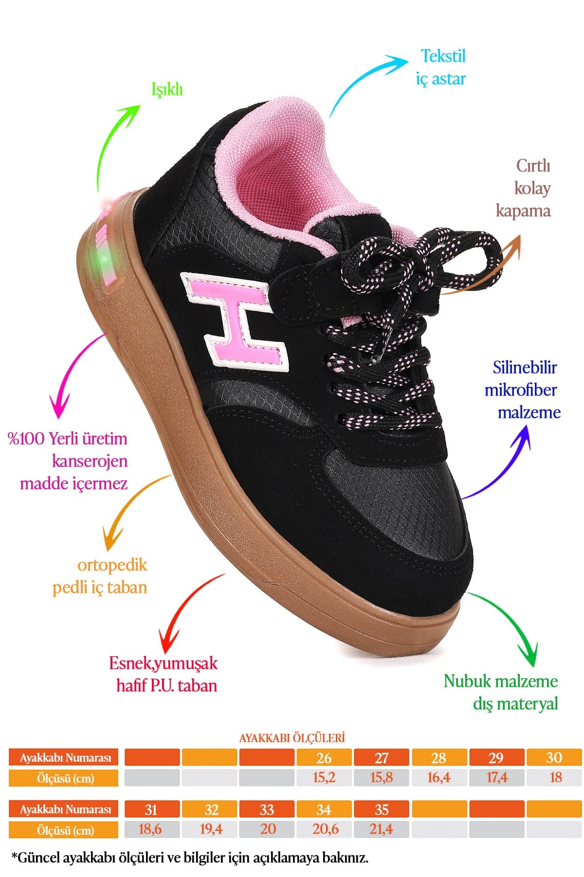 Lacer Bağcıklı Işıklı Kız Çocuk Spor Ayakkabı Siyah - Pembe