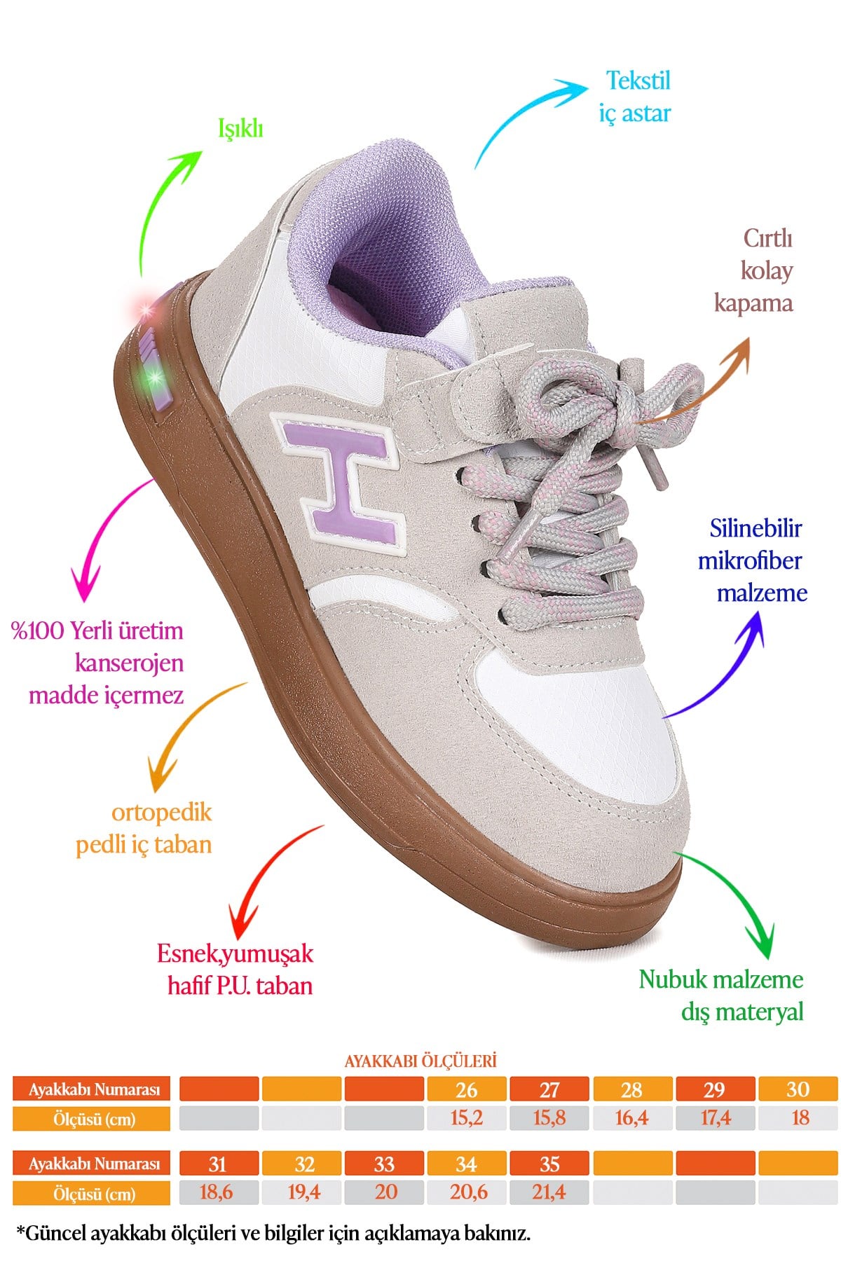Lacer Bağcıklı Işıklı Kız Çocuk Spor Ayakkabı Gri - Lila
