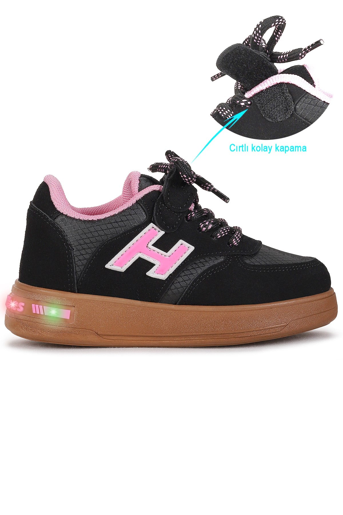 Lacer Bağcıklı Işıklı Kız Çocuk Spor Ayakkabı Siyah - Pembe