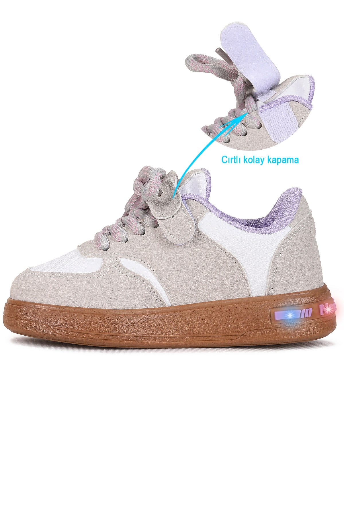 Lacer Bağcıklı Işıklı Kız Çocuk Spor Ayakkabı Gri - Lila
