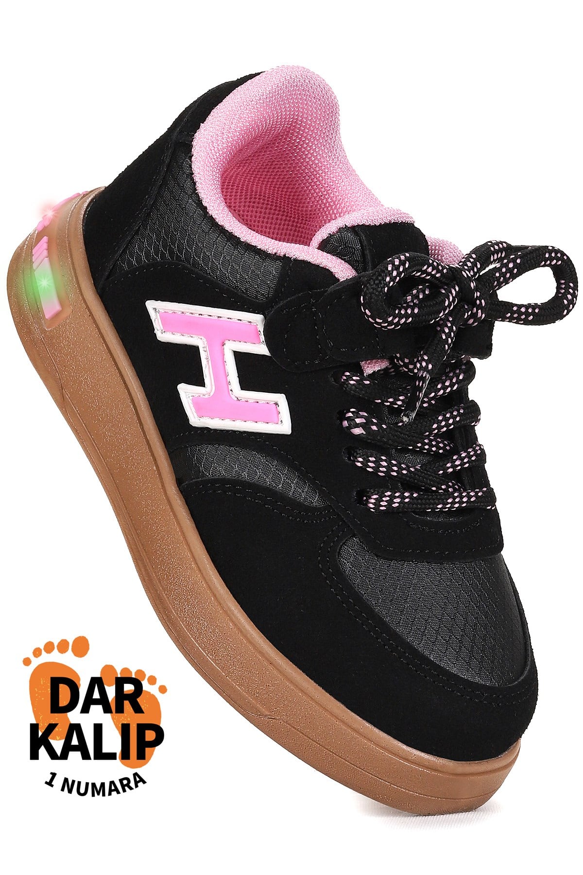 Lacer Bağcıklı Işıklı Kız Çocuk Spor Ayakkabı Siyah - Pembe