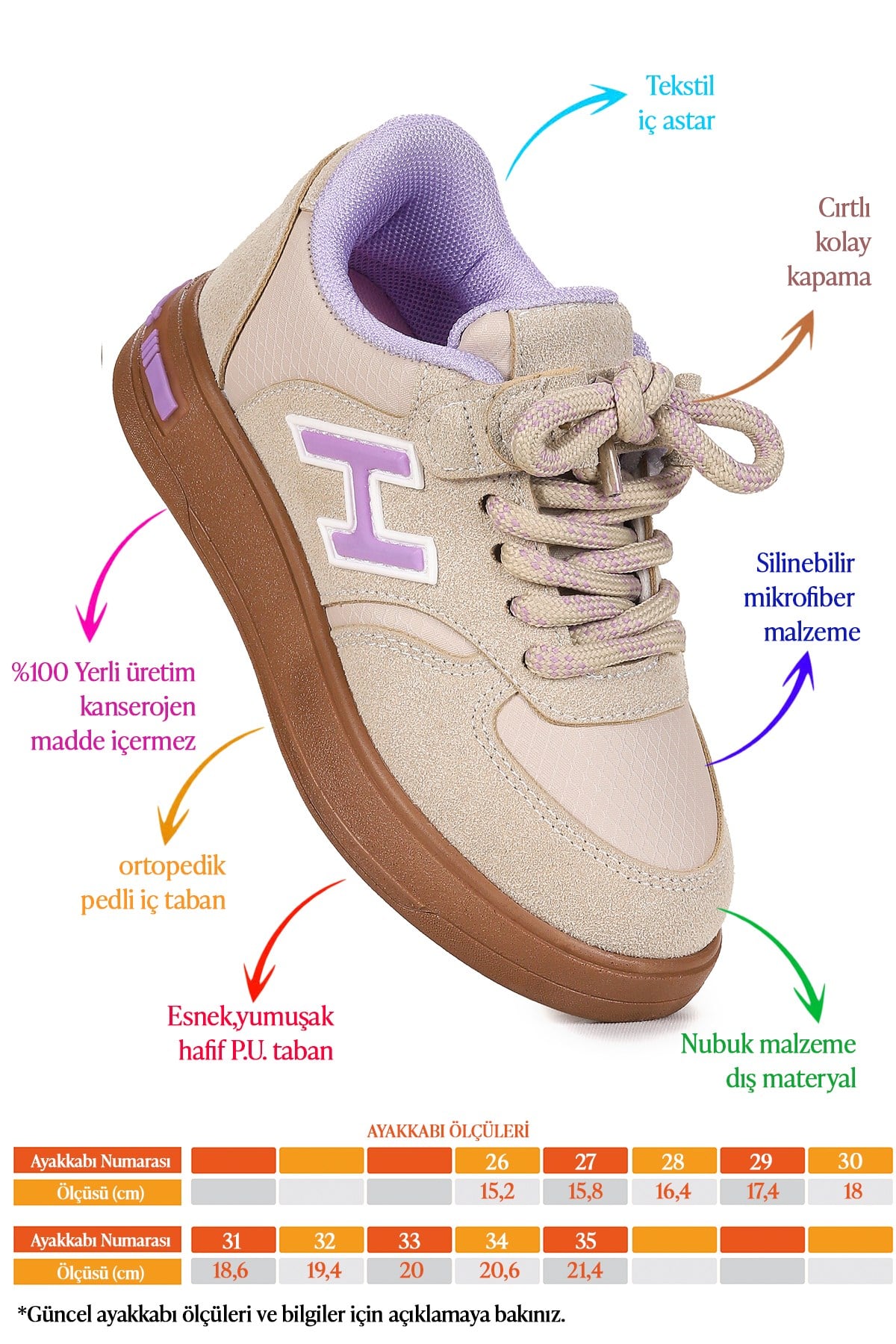 Lacer Bağcıklı Kız Çocuk Spor Ayakkabı Bej - Lila