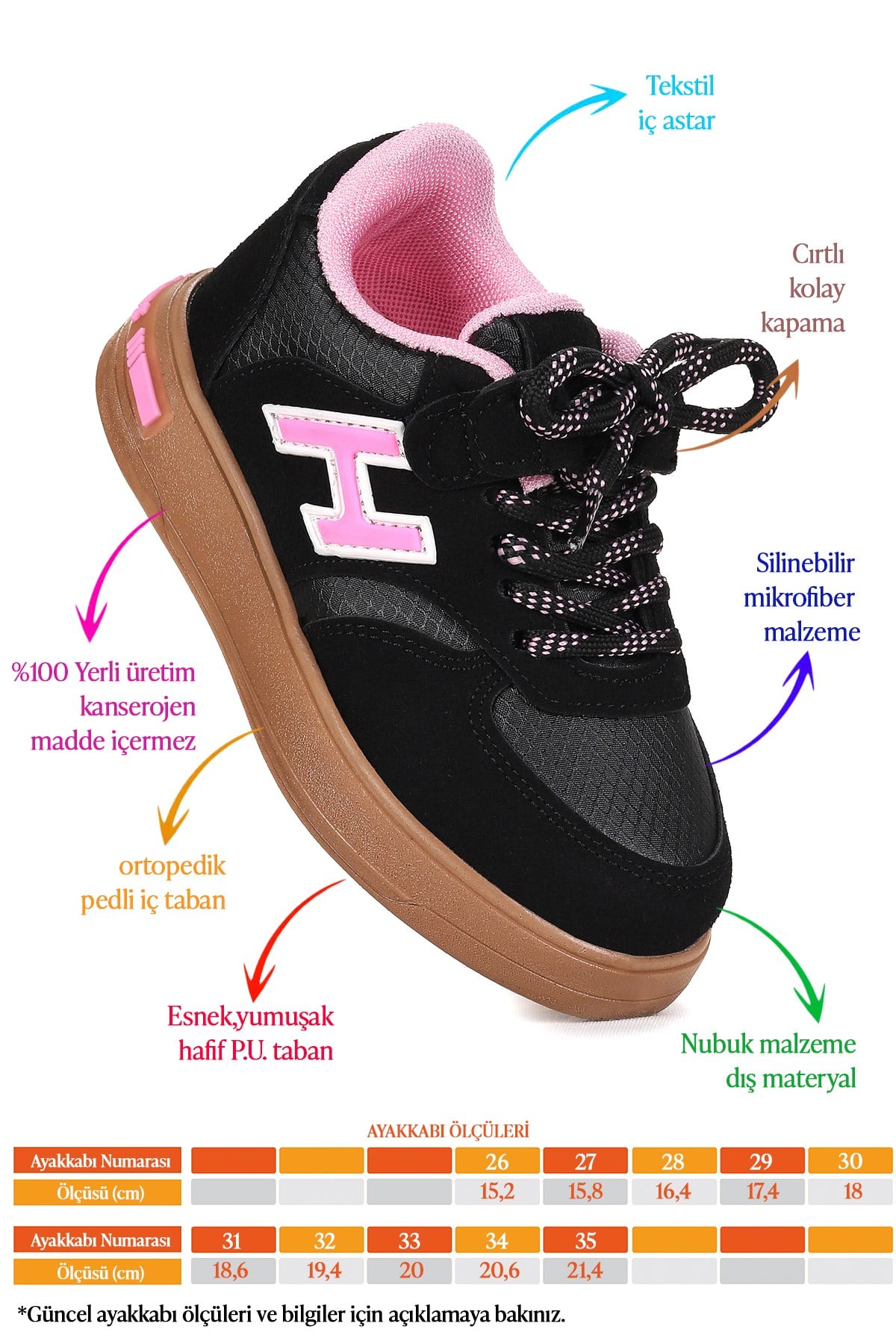 Lacer Bağcıklı Kız Çocuk Spor Ayakkabı Siyah - Pembe