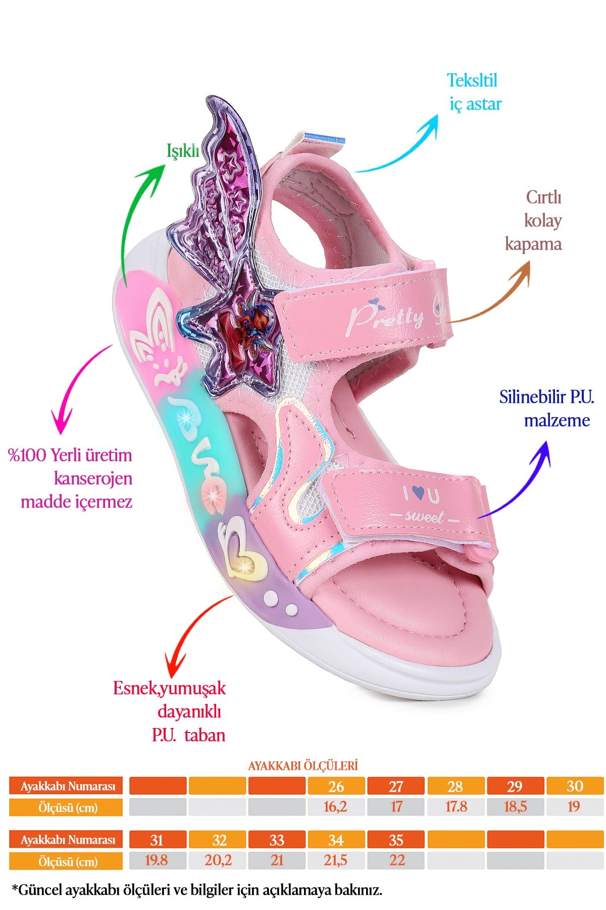 Lug Cırtlı Işıklı Kız Çocuk Sandalet Beyaz - Pembe
