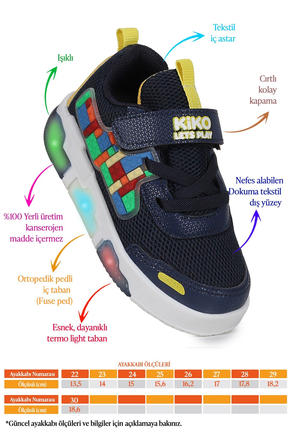 Scarpe Cırtlı Işıklı Erkek Bebek Spor Ayakkabı Lacivert - Sarı