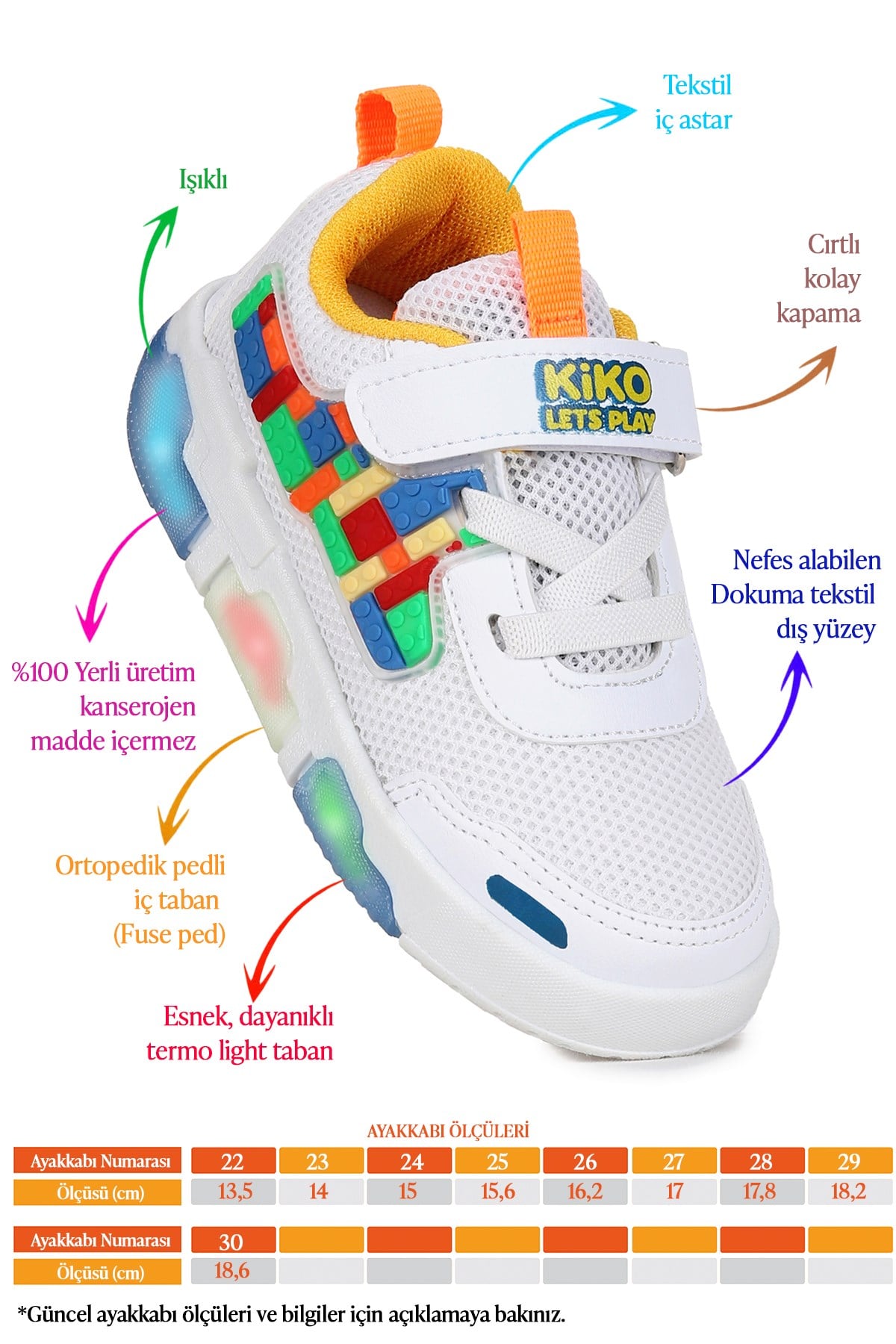 Scarpe Cırtlı Işıklı Erkek Bebek Spor Ayakkabı Beyaz - Sarı