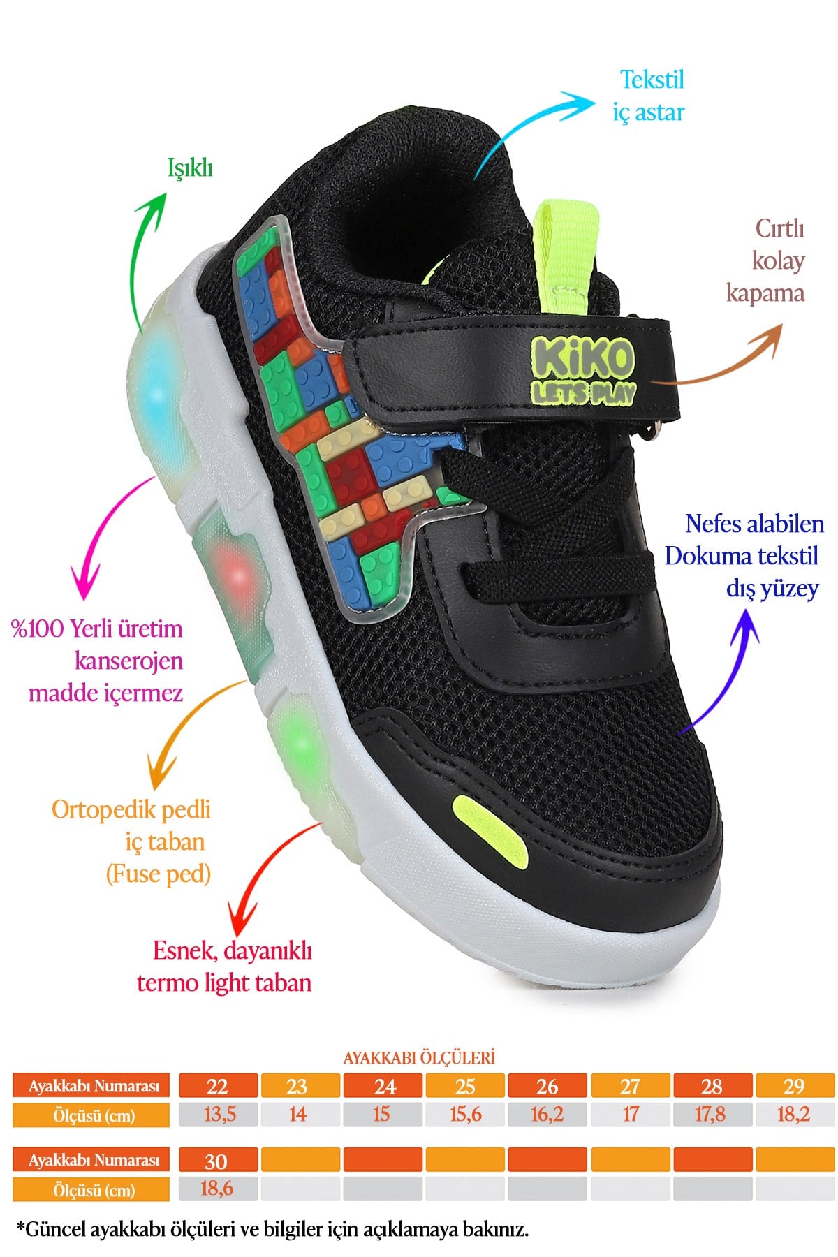 Scarpe Cırtlı Işıklı Erkek Çocuk Spor Ayakkabı Siyah - Fosfor Sarı