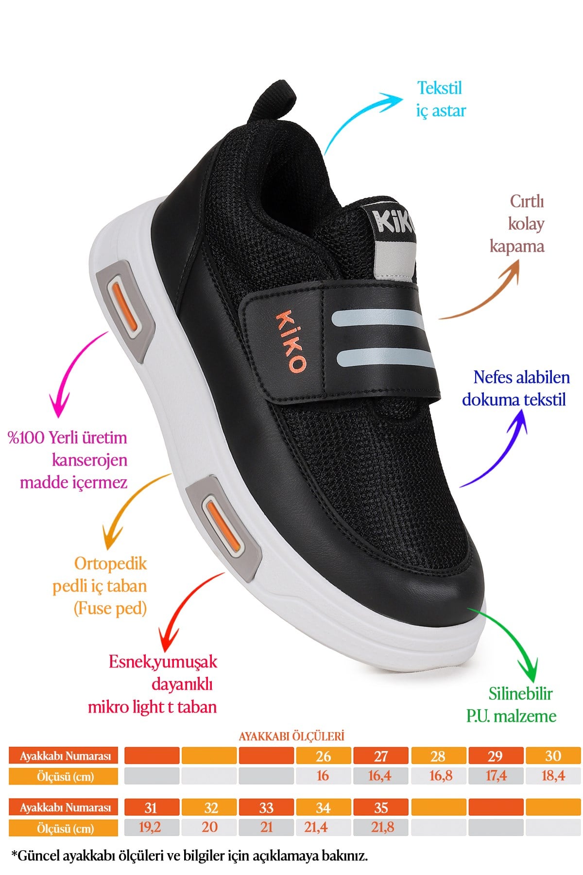 Strap Cırtlı Günlük Erkek Çocuk Spor Ayakkabı Siyah - Portakal