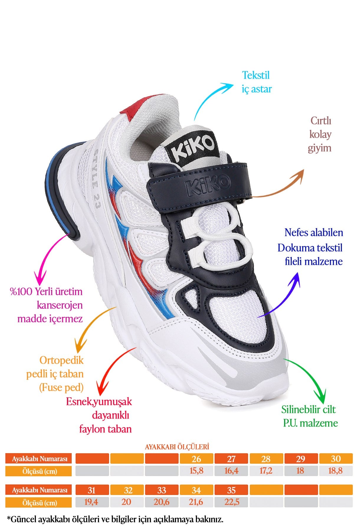 Style Faylon Taban Günlük Cırtlı Erkek Çocuk Spor Ayakkabı Beyaz - Lacivert