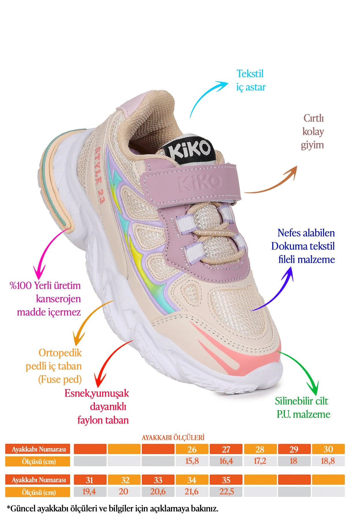 Style Faylon Taban Günlük Cırtlı Kız Çocuk Spor Ayakkabı Bej - Lila