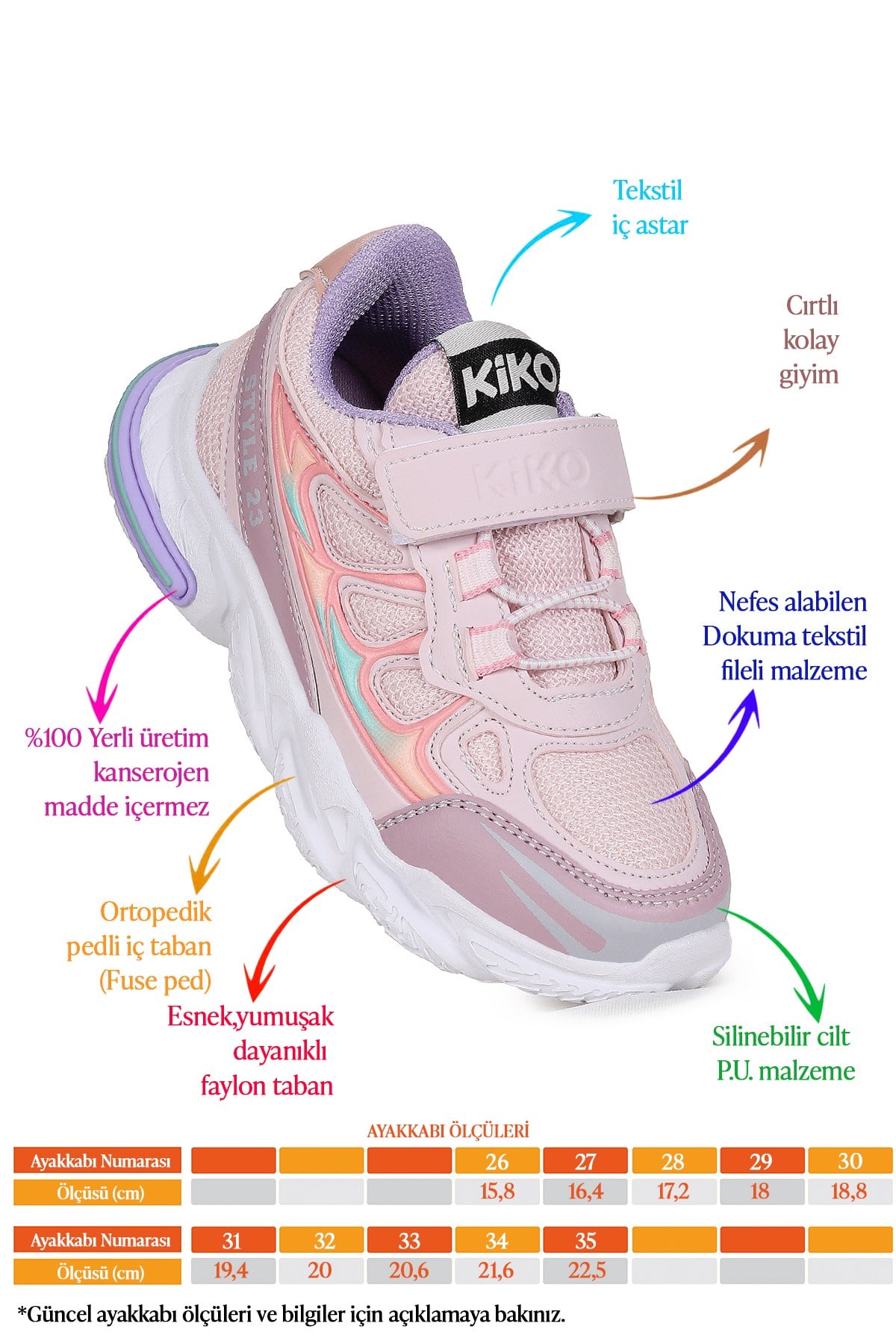 Style Faylon Taban Günlük Cırtlı Kız Çocuk Spor Ayakkabı Lila - Somon
