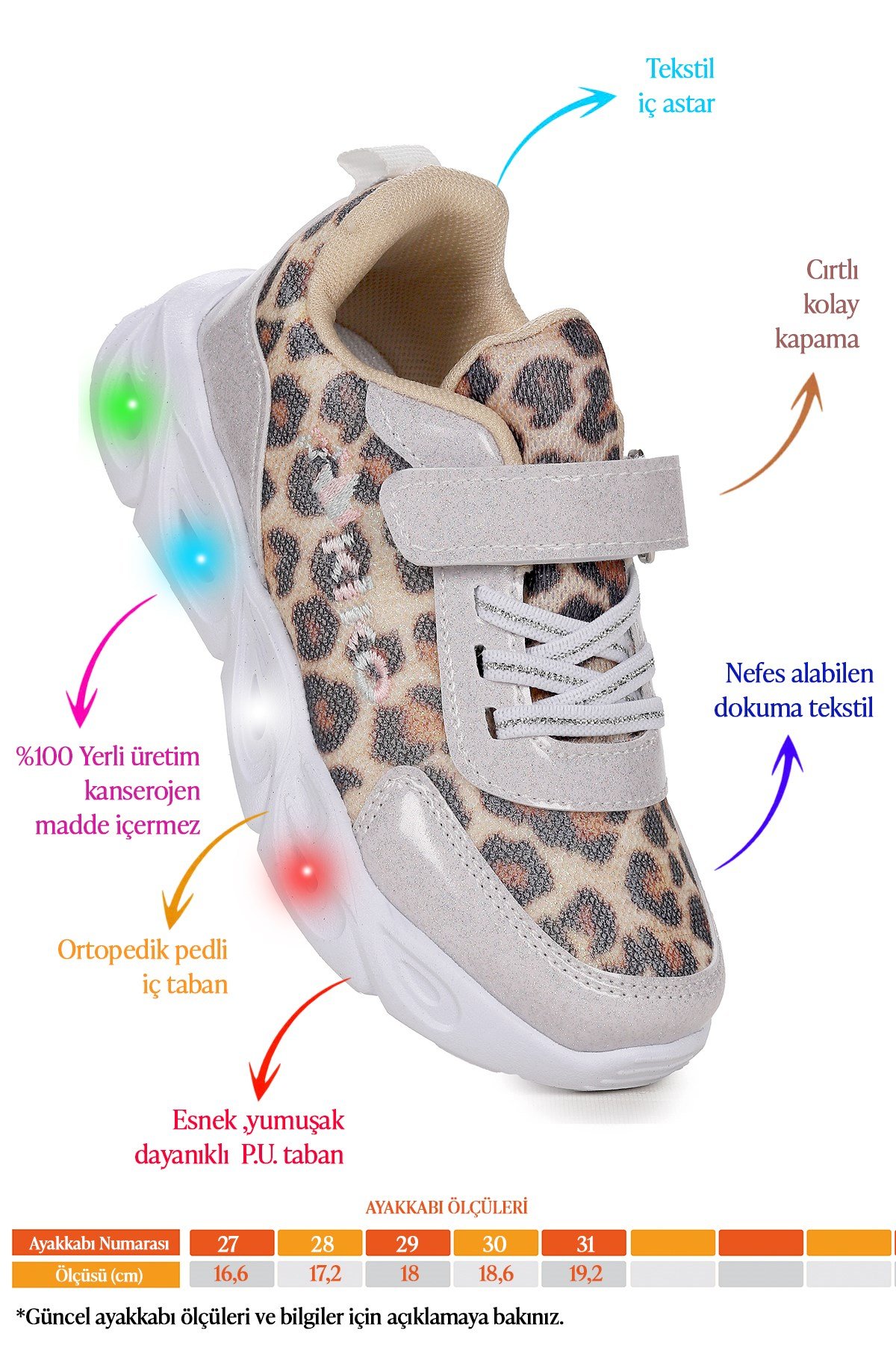 Teno Leopar Desenli Cırtlı Işıklı Kız Çocuk Spor Ayakkabı Beyaz