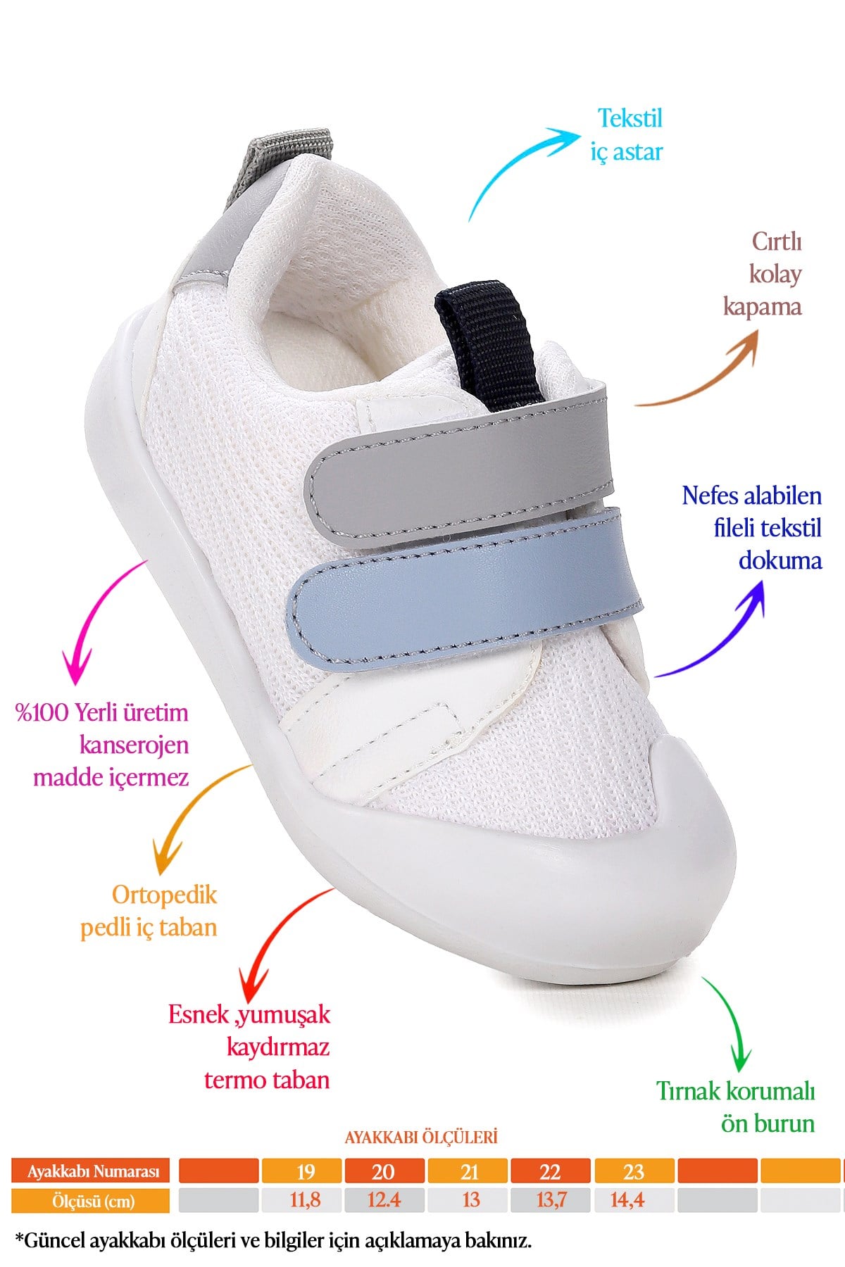 Textile İlk Adım Bebe Cırtlı Erkek Bebek Spor Ayakkabı Beyaz - Mavi