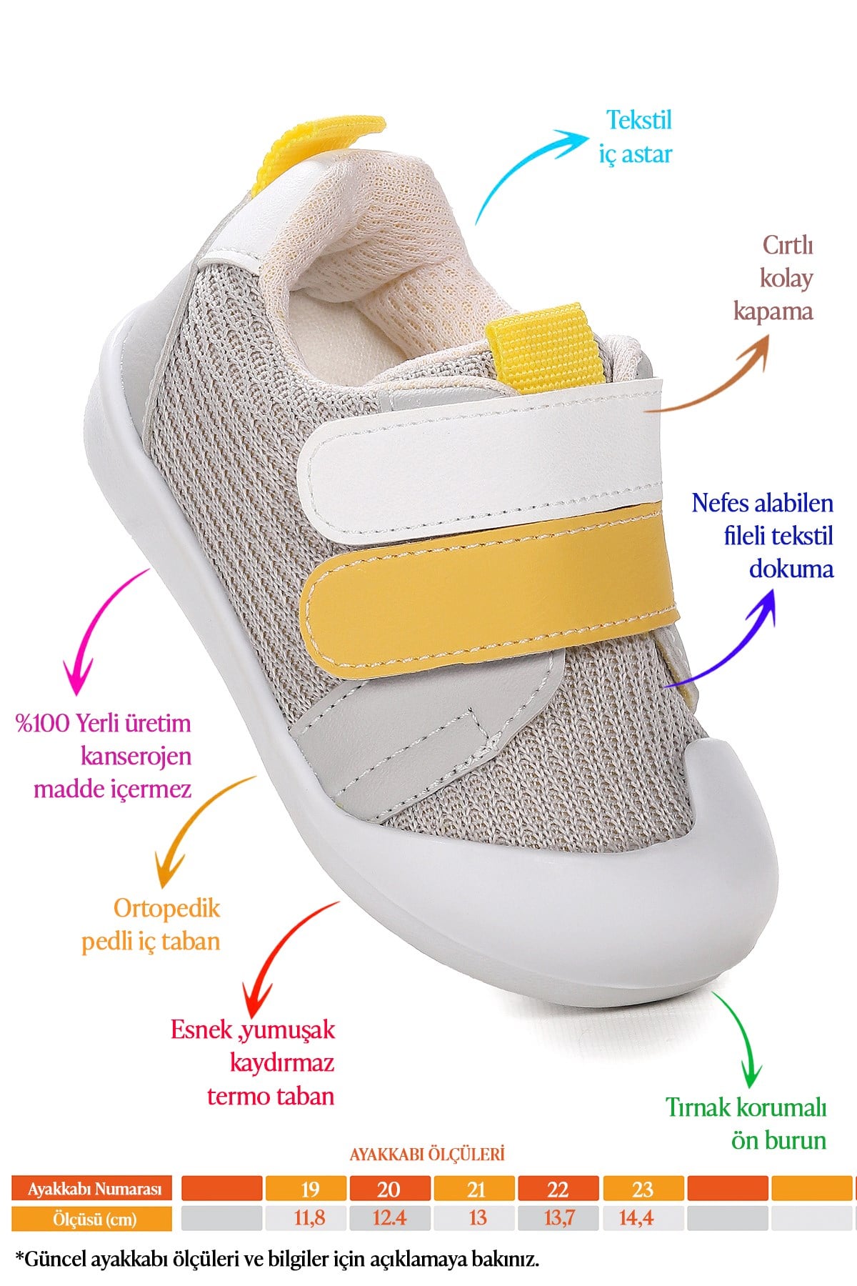 Textile İlk Adım Bebe Cırtlı Erkek Bebek Spor Ayakkabı Gri - Sarı