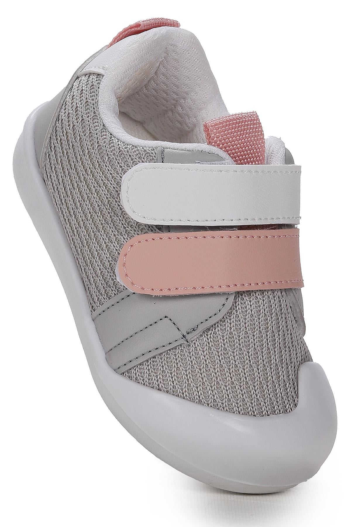 Textile İlk Adım Bebe Cırtlı Kız Bebek Spor Ayakkabı Gri - Pudra