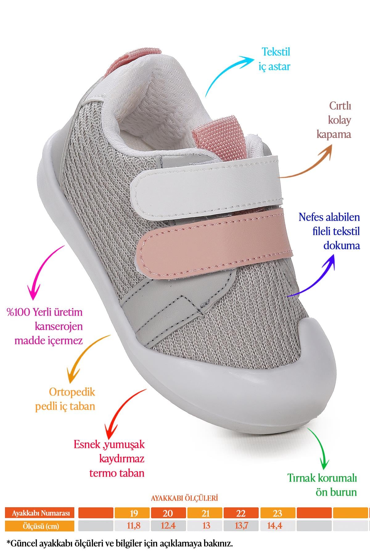 Textile İlk Adım Bebe Cırtlı Kız Bebek Spor Ayakkabı Gri - Pudra