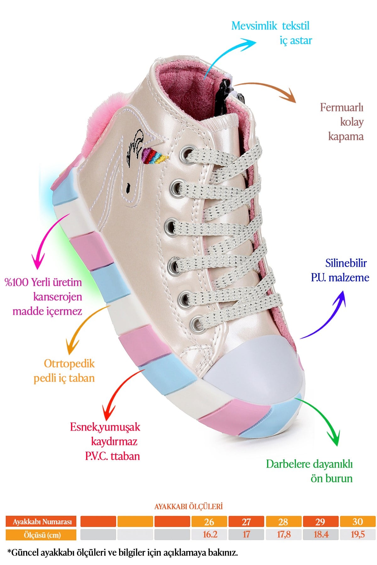 Unicorn Fermuarlı Işıklı Kız Çocuk Spor Ayakkabı Sedef
