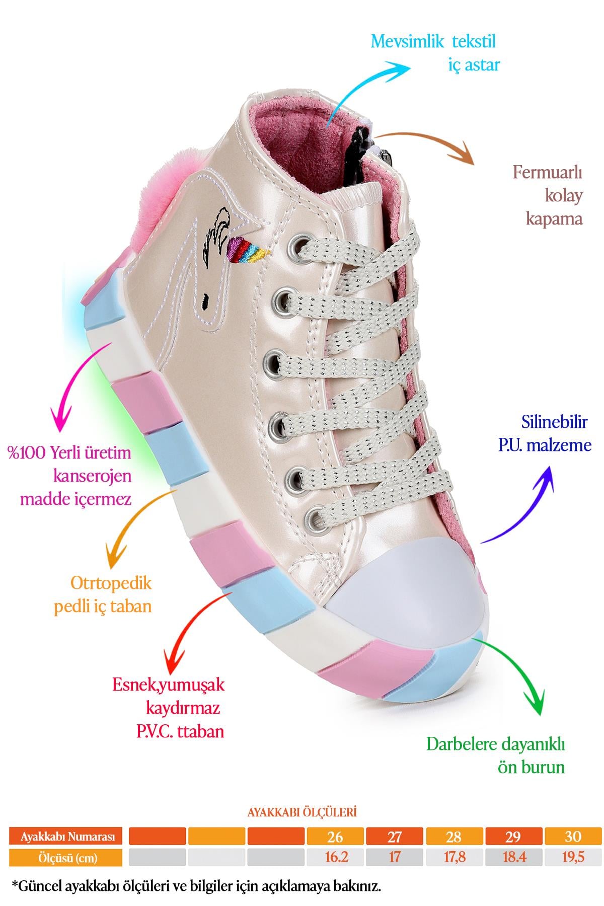 Unicorn Fermuarlı Işıklı Kız Çocuk Spor Ayakkabı Sedef