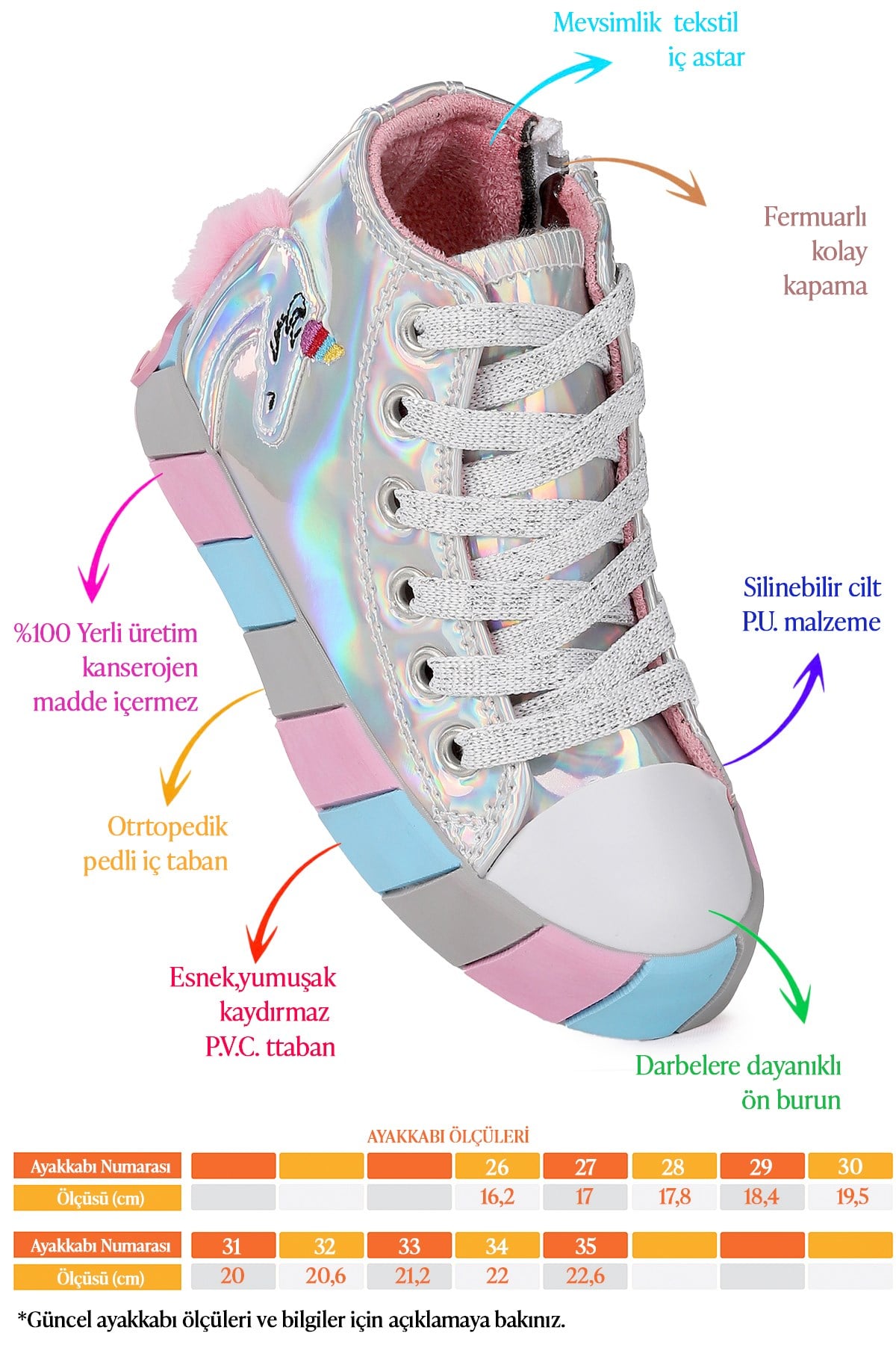 Unicorn Fermuarlı Kız Çocuk Spor Ayakkabı Gümüş