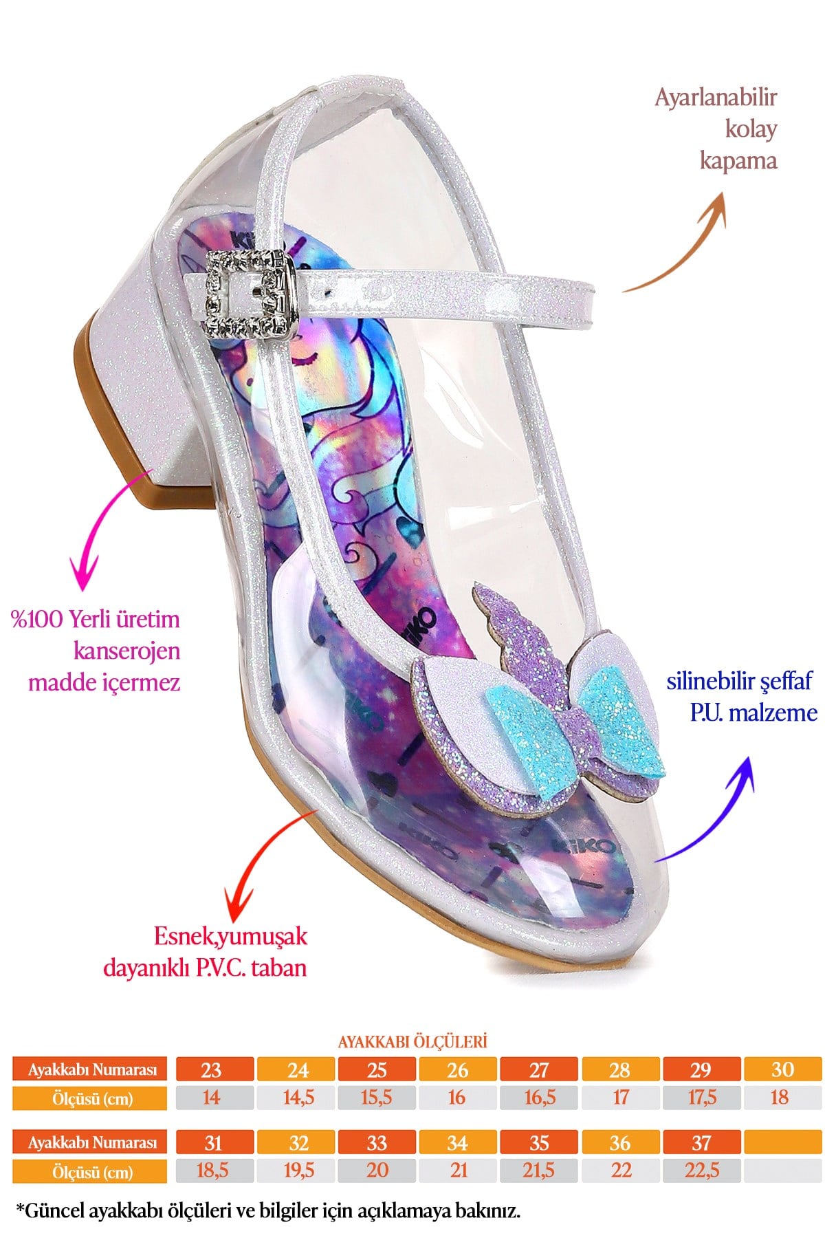 Unicorn Kız Çocuk Topuklu Abiye Şeffaf Ayakkabı Beyaz