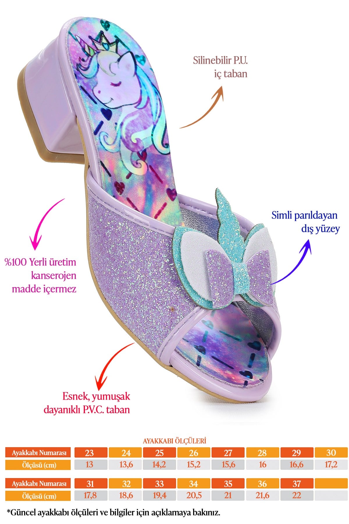 Unicorn Kız Çocuk Topuklu Simli Abiye Terlik Lila