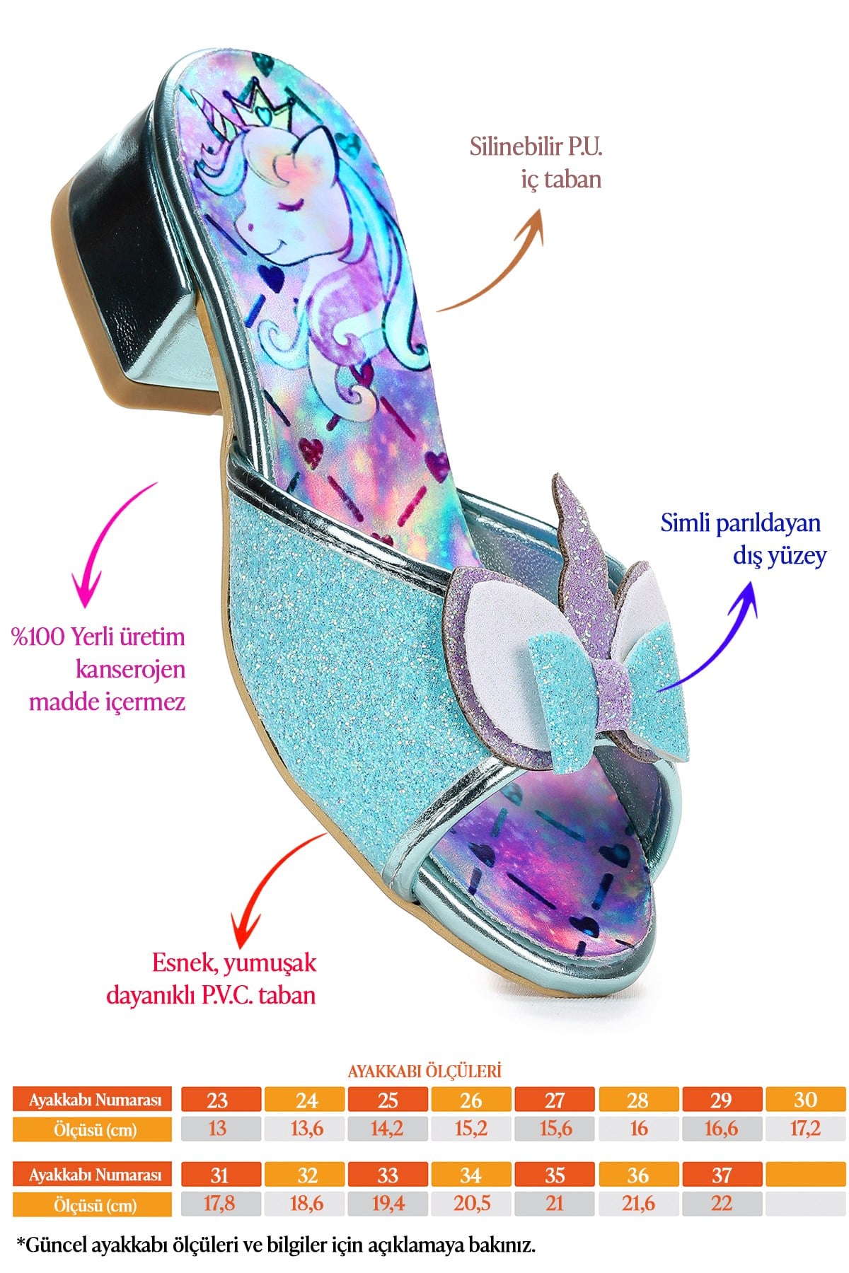 Unicorn Kız Çocuk Topuklu Simli Abiye Terlik Su Yeşili