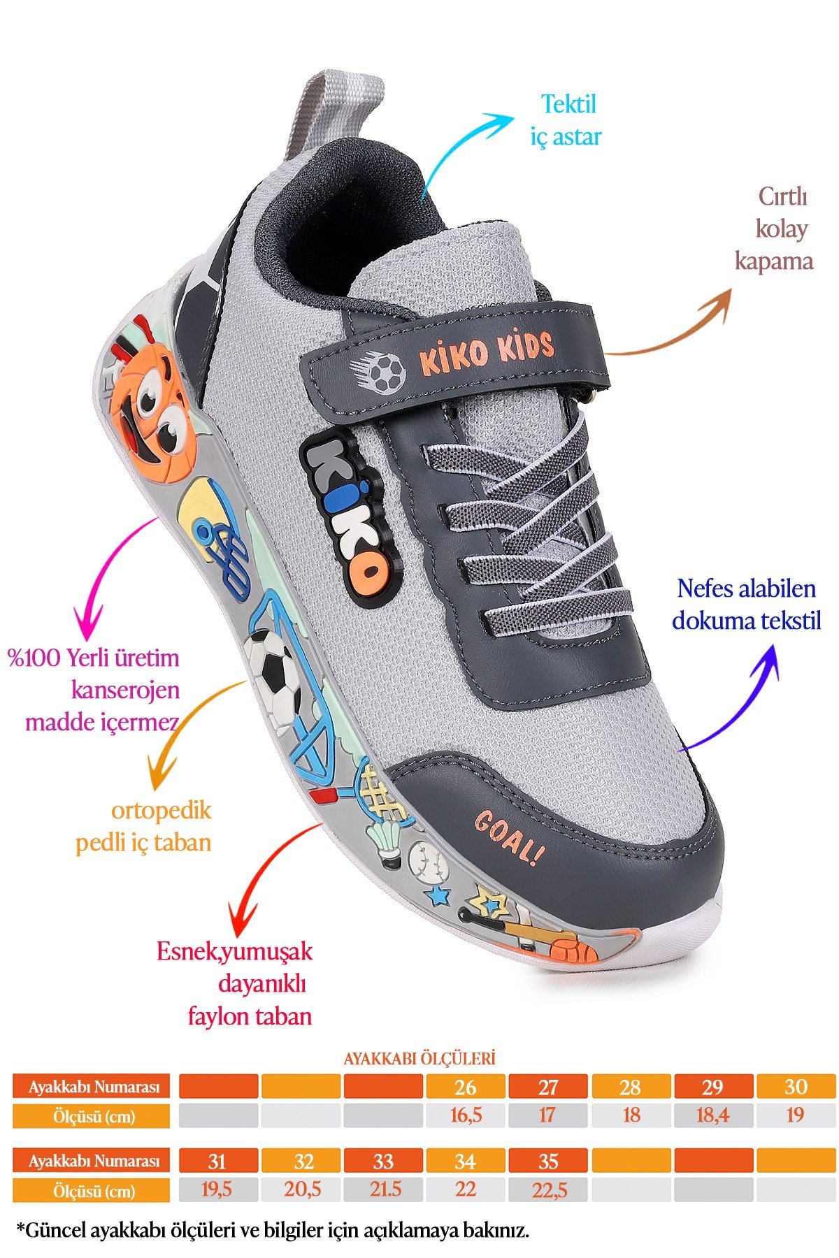 Velcro Günlük Cırtlı Erkek Çocuk Spor Ayakkabı Buz - Füme