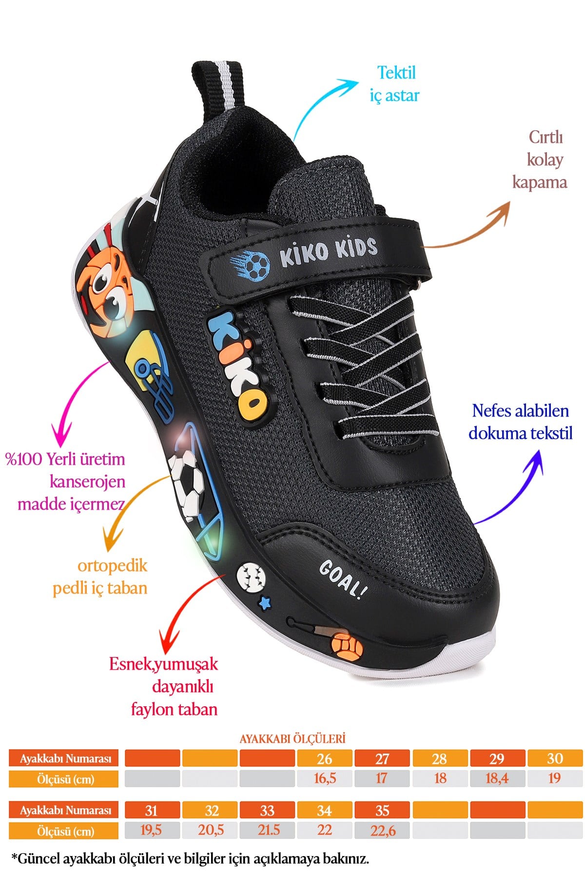 Velcro Işıklı Günlük Cırtlı Erkek Çocuk Spor Ayakkabı Siyah - Füme