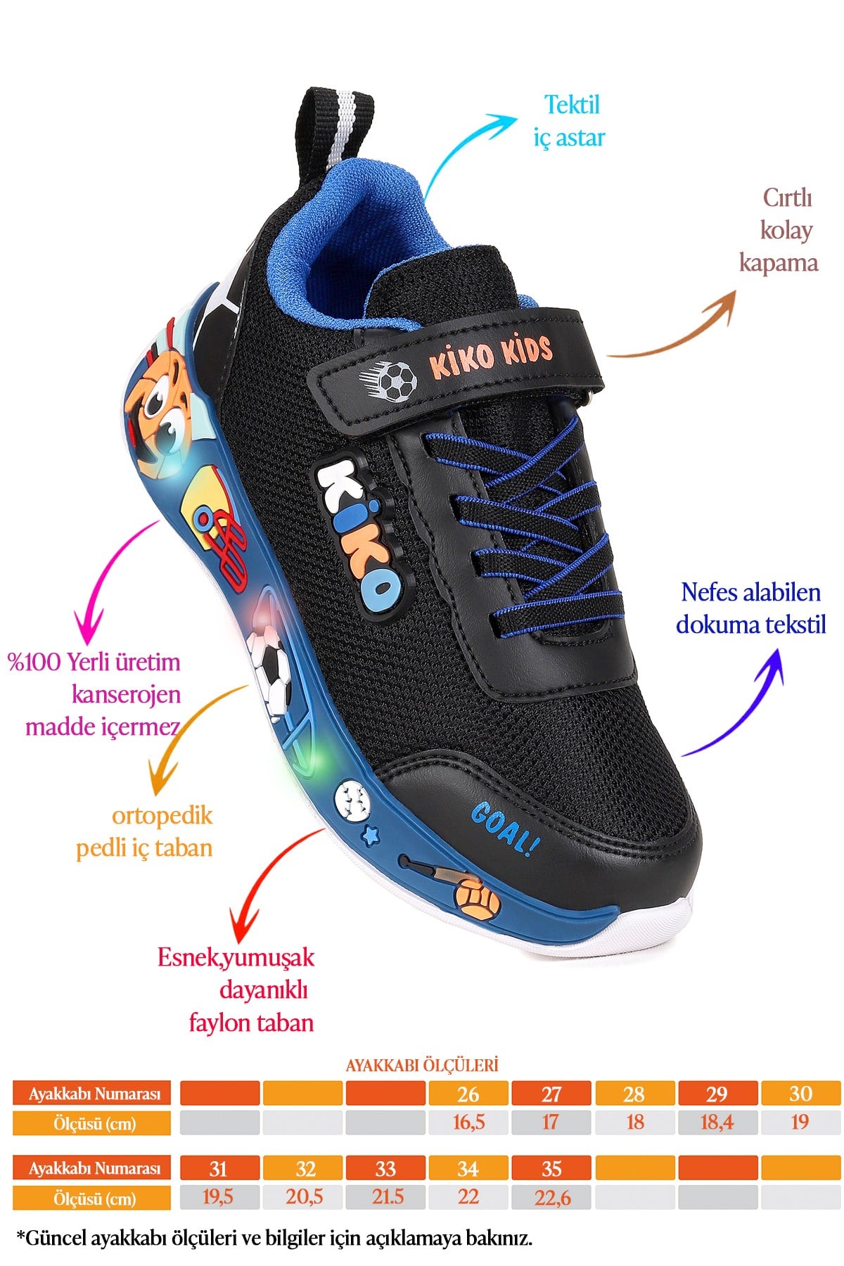 Velcro Işıklı Günlük Cırtlı Erkek Çocuk Spor Ayakkabı Siyah - Saks