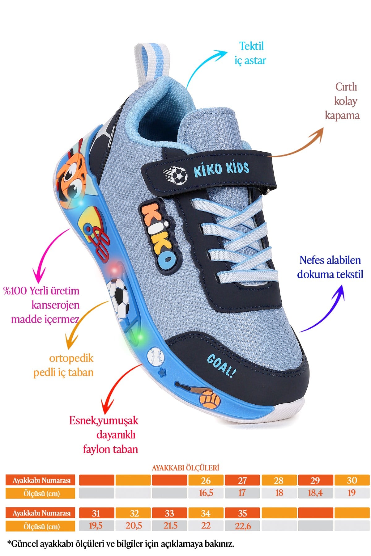 Velcro Işıklı Günlük Cırtlı Erkek Çocuk Spor Ayakkabı İndigo