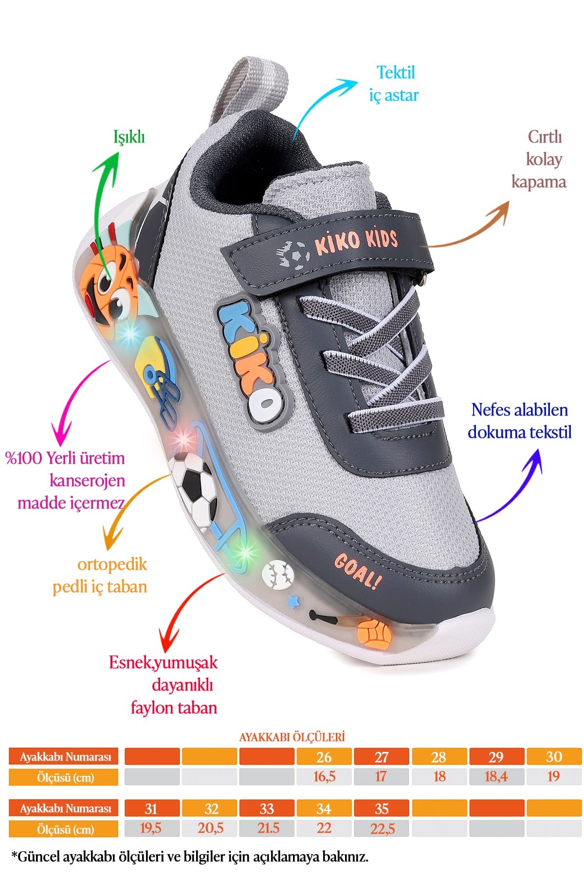 Velcro Işıklı Günlük Cırtlı Erkek Çocuk Spor Ayakkabı Buz - Füme